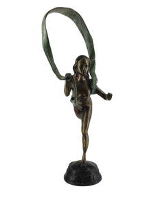 Nude Female Bronze Sculpture: Bronze nude female balancing on 1 leg, holding ribbon. Approx. size 25 inches tall x 10.5 wide x 20 deep. approx. weight 12 lbs. 5 oz. IMPORTANT: For Shipping, please contact our provider; The UPS