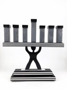 Acrylic Kinara in the manner of Keith Haring: Black with white accents kinara. Approx size 16.5 inches tall x 16 wide x 3.75 deep. Approx weight 7 lbs. IMPORTANT: For Shipping, please contact our provider; The UPS Store at (954) 454-1131. You