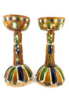 Pair of Large Majolica Candle Stick Holders: Set of 2 multi colored large handmade majoIica candle stick holders. Approx. size 16 inches tall x 7.5 wide. Approx. weight 5 lbs. 4 oz. each. MPORTANT: For Shipping, please contact our provider; The