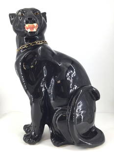 Mid Century Black Panther Ceramic Sculpture: Large mid-century ceramic black panther with gold collar. Approx. size 21.75 inches tall x 16 wide x 8 deep. Approx. weight 11 lbs. 3 oz. IMPORTANT: For Shipping, please contact our provider; The UPS