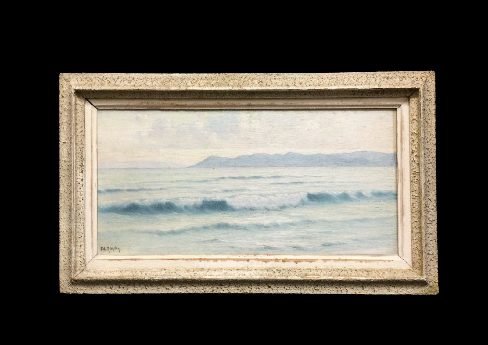 Edouard Mandon Oil on Board Seascape: Signed paint on wood of a yellow sailed boat in the water signed by Edouard Mandon, painter of the sea. Approx. size (frame) 14.25 inches tall x 23.75 wide (art)9.25 tall x 19 wide. IMPORTANT: For Shi