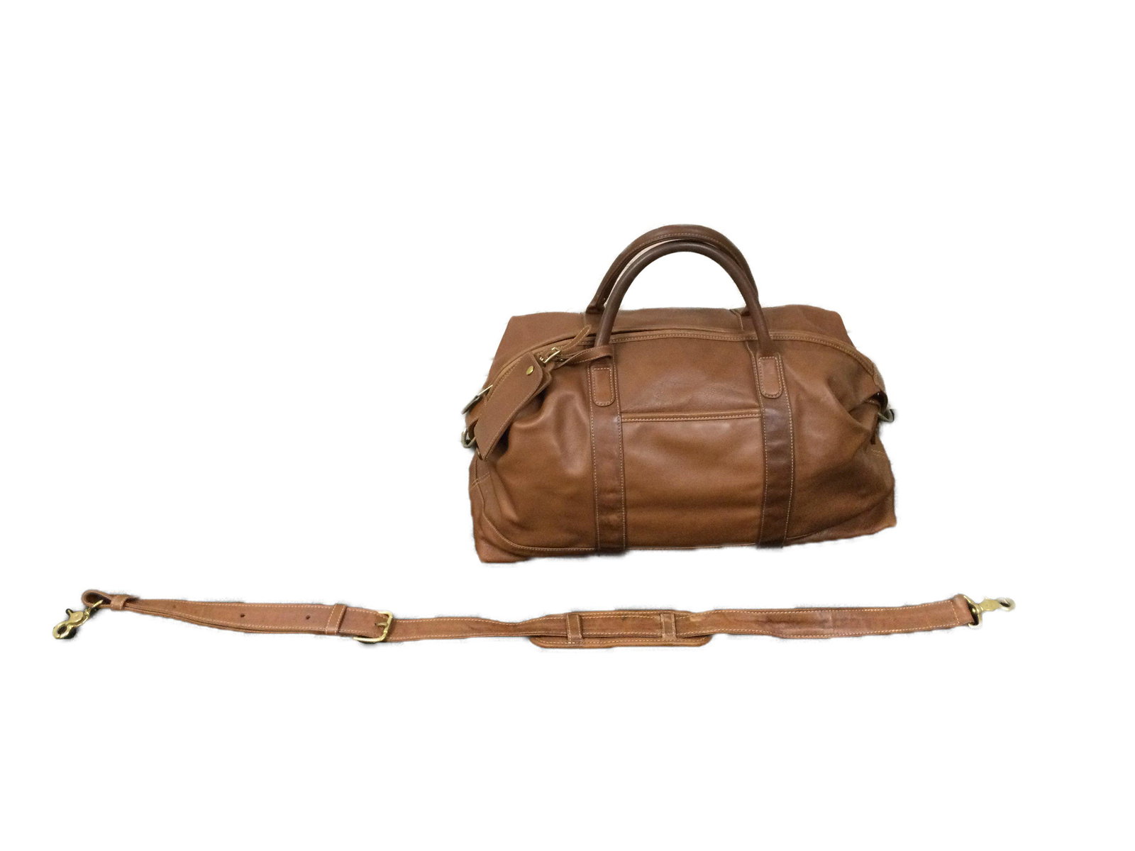 Coach Brown Leather Duffle Bag: Coach Brown Leather Duffle Bag. Approx. size 9 inches tall x 19 wide x 7 deep. Approx. weight 3 lbs. IMPORTANT: In House Shipping.