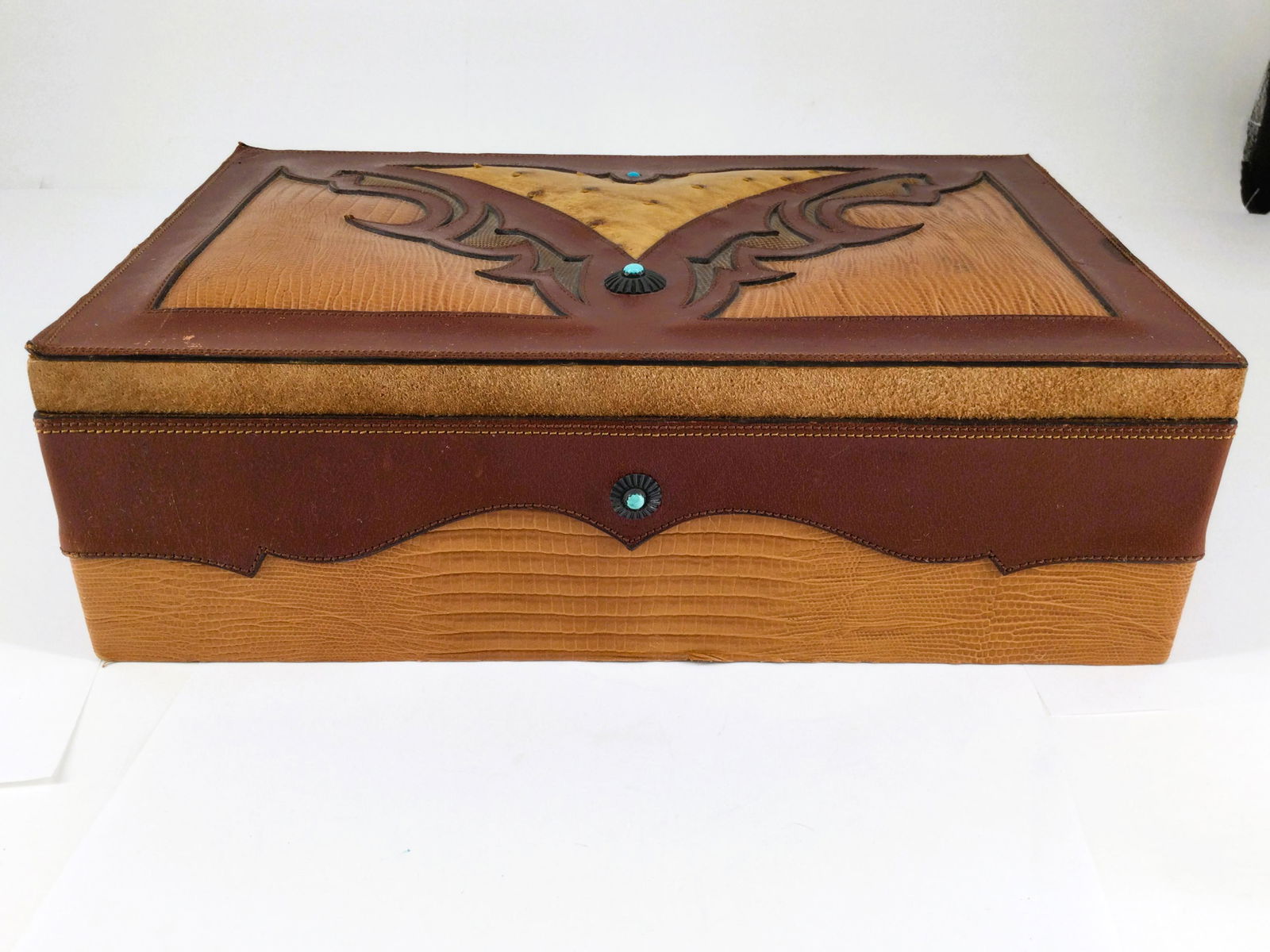 Vintage Southwestern Hand Tooled Leather Box: Vintage Southwestern Artist Signed "Conrad" Hand Tooled Leather Box. Consisting of mixed materials such as Leather, Snake, Crocodile, & Ostrich accented with small Turquoise Stones. Interior is Suede