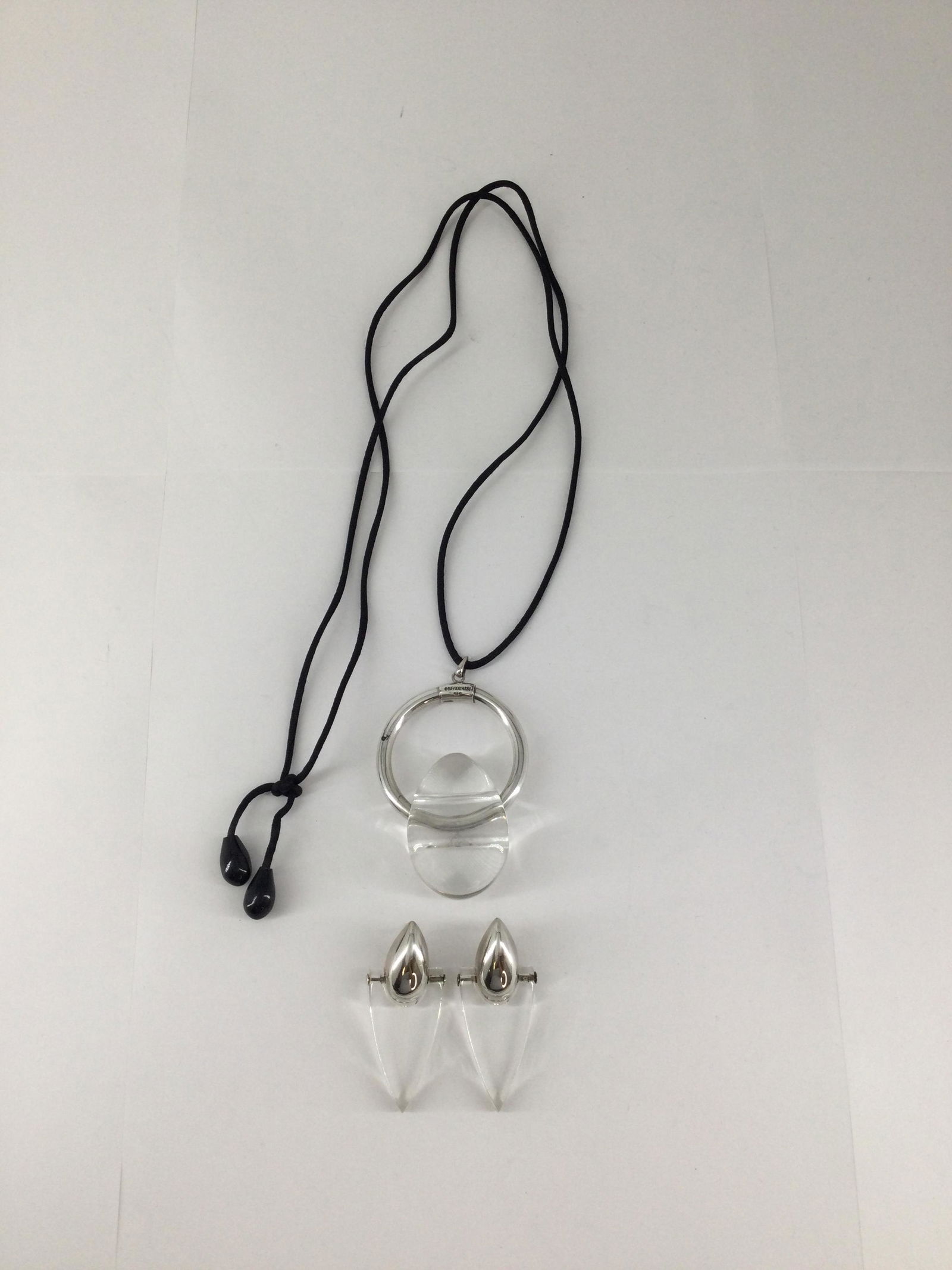 Bayanihan Necklace and Earring Set .925 Silver and Lucite: Bayanihan Necklace and Earring Set .925 Silver and Lucite. Approx. size (necklace pendant) 3 inches tall x 2 wide, (earring) 2.25 tall x 1 wide. Total approx. weight 1.8 oz /46 g. IMPORTANT: In house