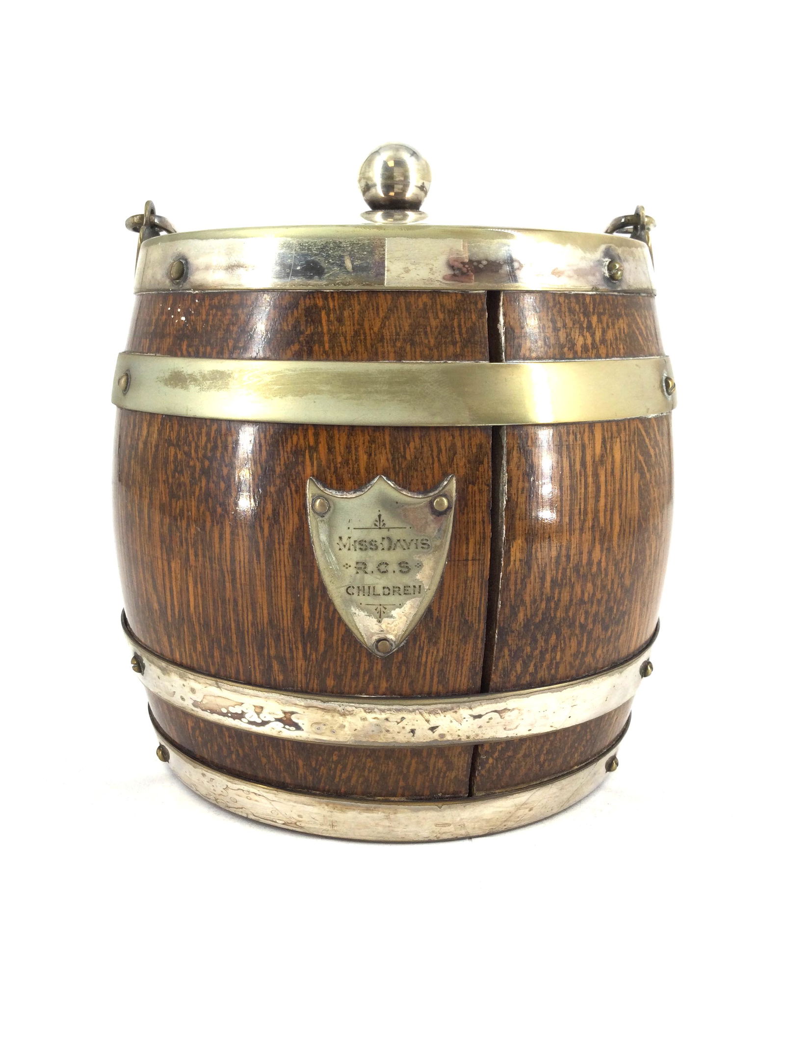Oak Banded Biscuit Barrel With Engraved Shield (1 of 12)