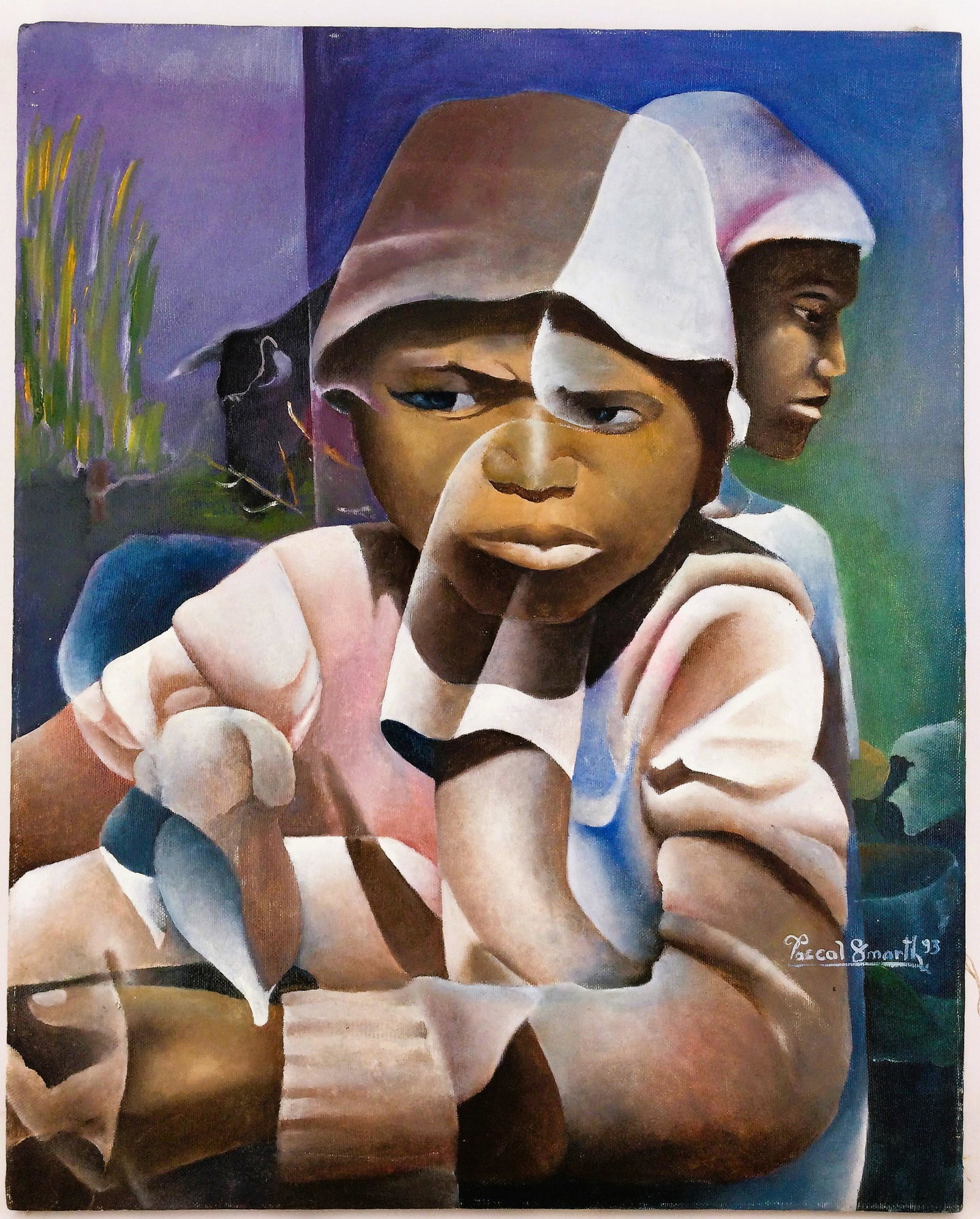Oil on Canvas Signed Pascal Smarth Haitian: Oil on Canvas Signed, Pascal Smarth, Depicting A Woman Looking Back At Herself At Younger Ages. Approx size 20 inches x 16 inches. IMPORTANT: NO In-House Shipping, Please read our shipping terms for p
