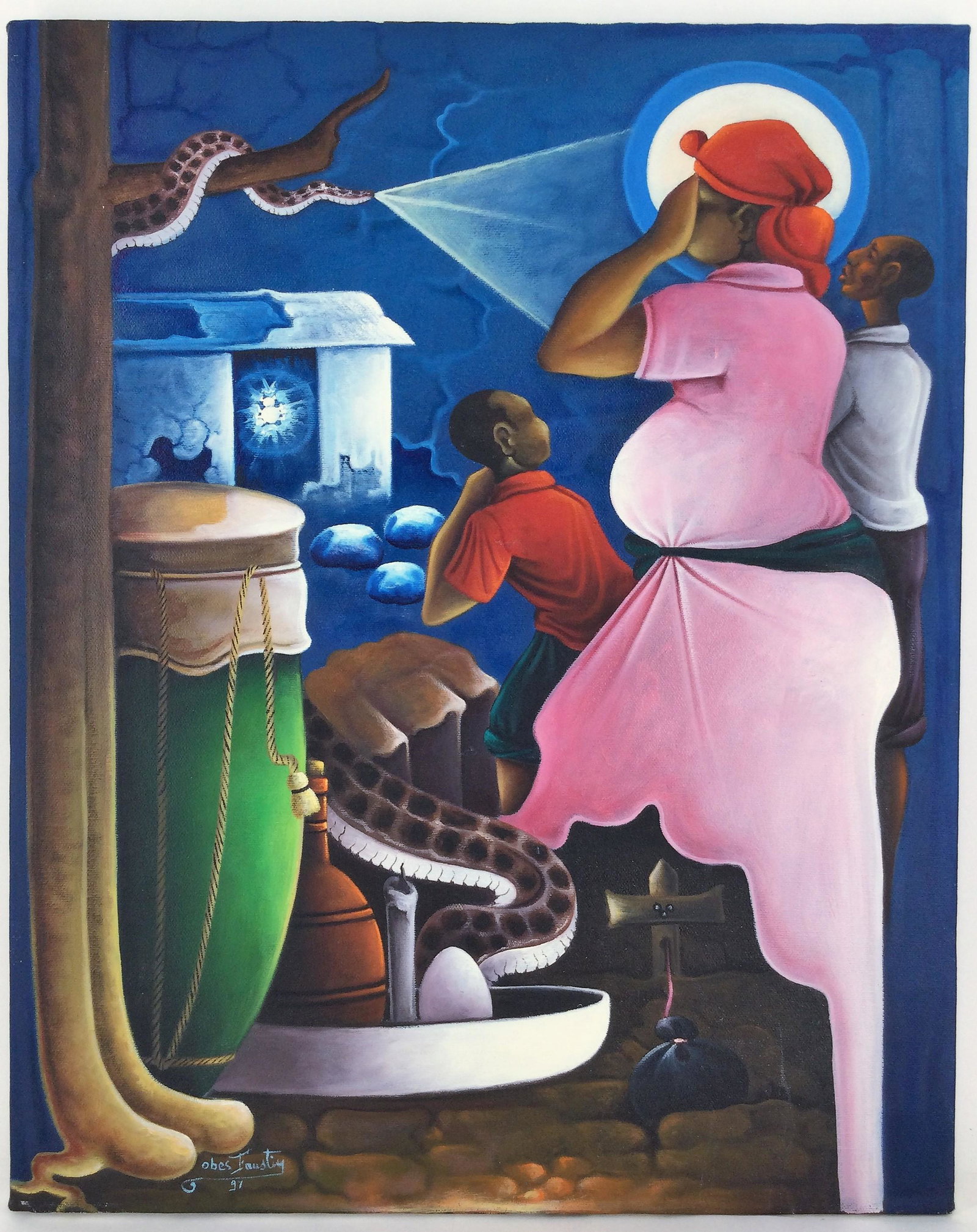 1997 Obes Faustin Haitian Voodoo Oil Painting: Oil on canvas depicting a family walking though a grave yard & several Voodoo related symbols, signed Obes Faustin 97. Approx. size 20 inches tall x 16 wide. Approx. weight 1 lbs. 5 oz. IMPORTANT: NO 