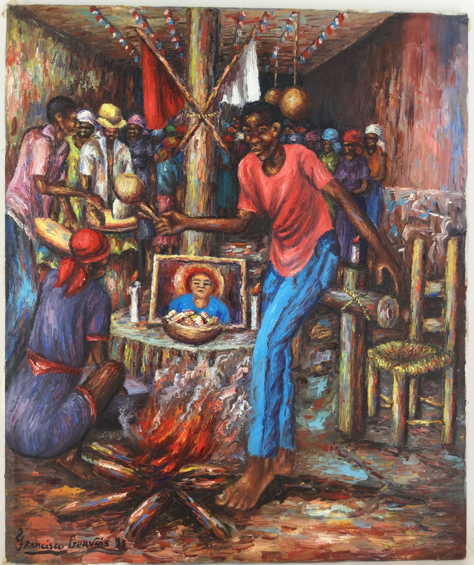 Oil On Canvas Depicting A Funeral /Memorial Signed Francisco Gervais 93 (1 of 4)