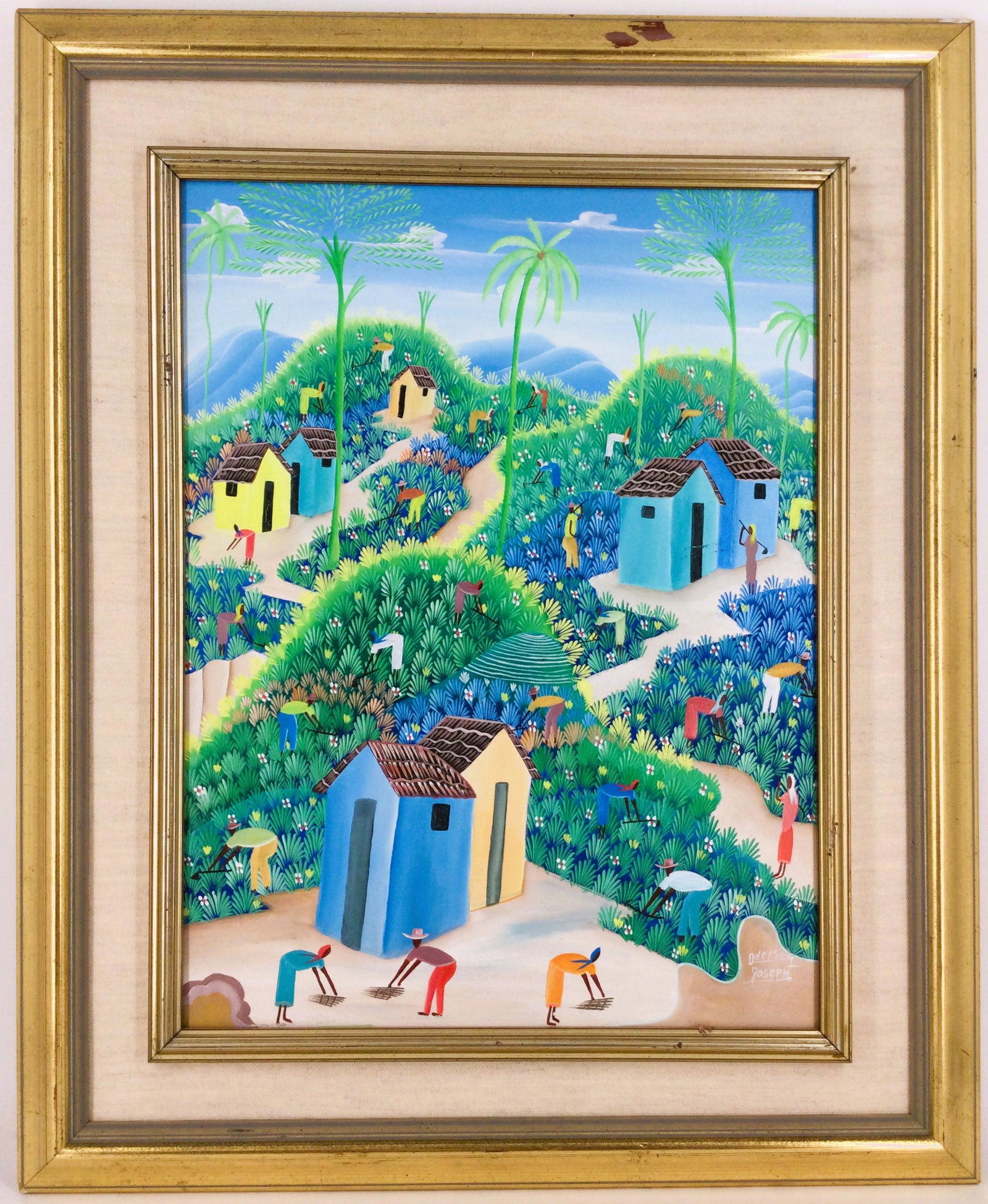 Oil On Canvas Signed Adelson Joseph Haitian Village: Oil On Canvas Signed Adelson Joseph Of A Vibrant Village Full Of People Working Their Crops And On Their Homes. Approx. size (art) 16 inches tall x 12 wide, (frame) 22 tall x 18 wide. Approx. weight 2