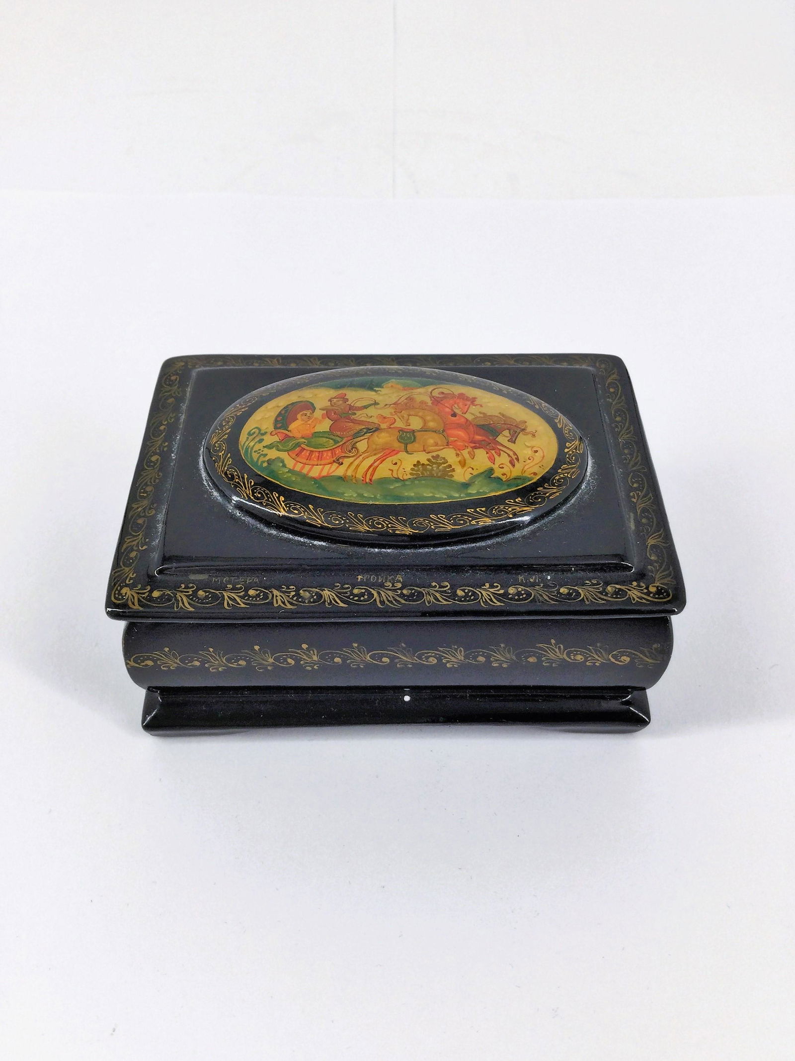 Artist Signed Kholui Russian Troika Lacquer Box, Signed (1 of 10)