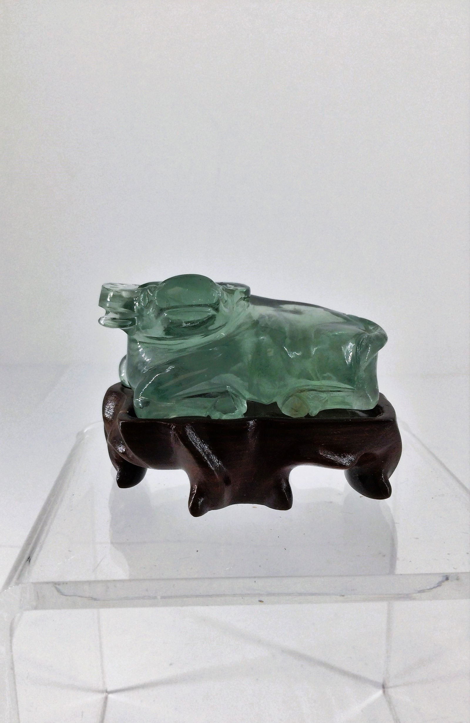 Chinese Green Quartz Carved Ox with Wood Stand (1 of 8)