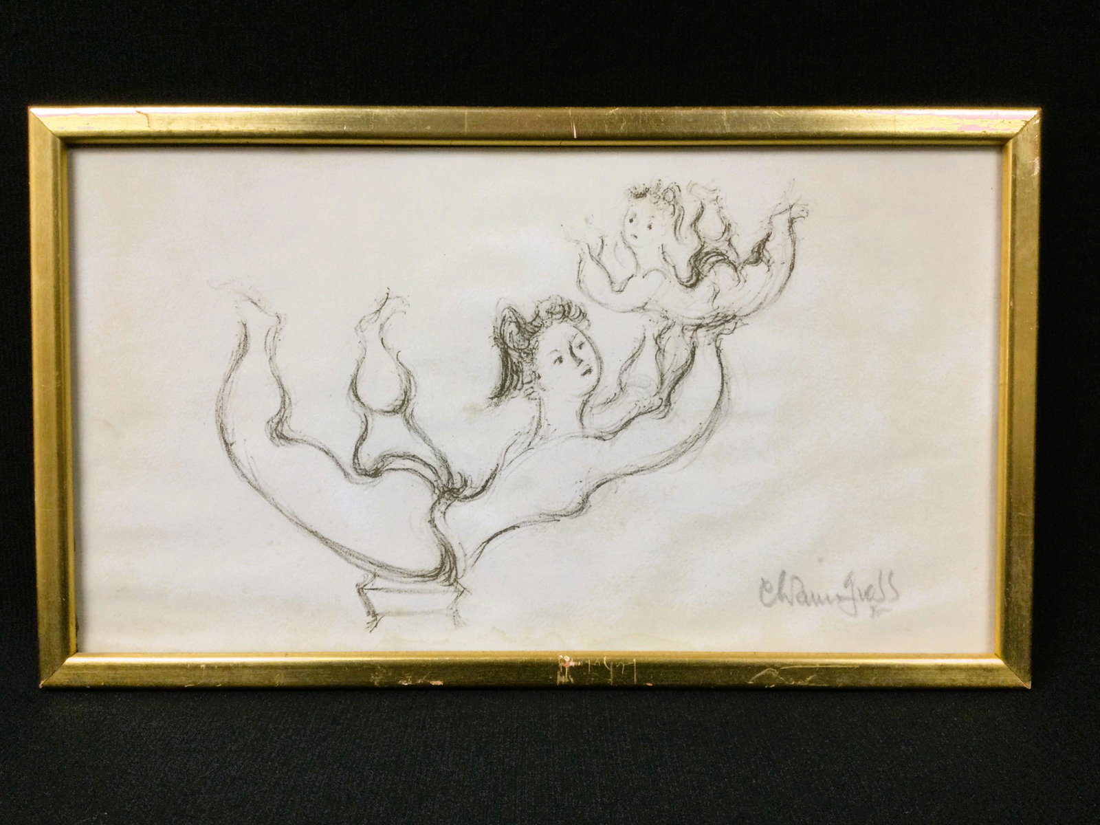 Mystery Artist Pencil Sketch: Illegible Signature/Mystery Artist Depiction of a Woman Holding A Child - Pencil Sketch, signed lower right. Approx. size (frame) 8.25 inches tall x 14.25 wide, (art)7.25 tall x 13.25 wide Approx. wei
