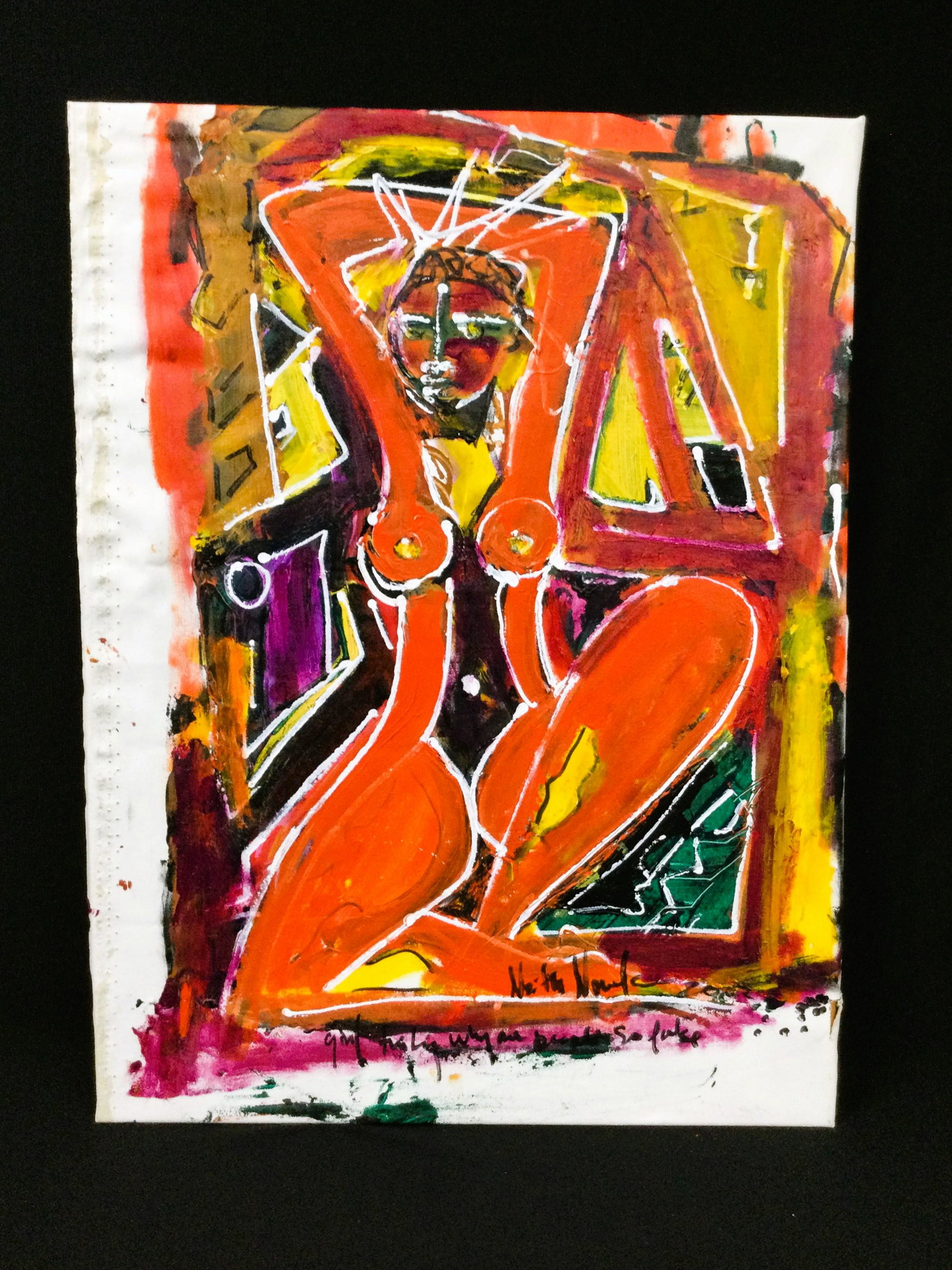 Neith Nevelson Acrylic On Canvas Signed: Acrylic On Canvas Signed Neith Nevelson Depicting a Nude Woman - written lower center: Girl, F***ing Why Are People So Fake. The back of the canvas has a piece that appears to be abandoned during the 