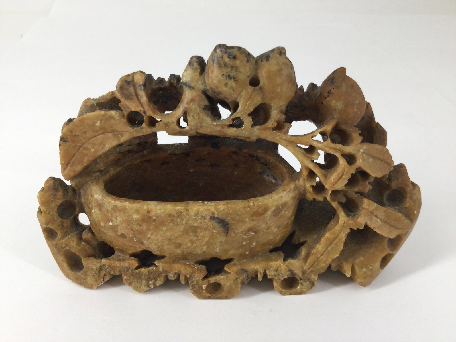 Chinese Soapstone Shallow Vessel Carving with Vines, Signed: Chinese Soapstone Carving of a shallow vessel with vines, Signed Approx. size 2.75 inches tall x 4.5 wide x 1-3/8 deep. Approx. weight 6.9 oz. IMPORTANT: NO In-House Shipping, Please read our shipping