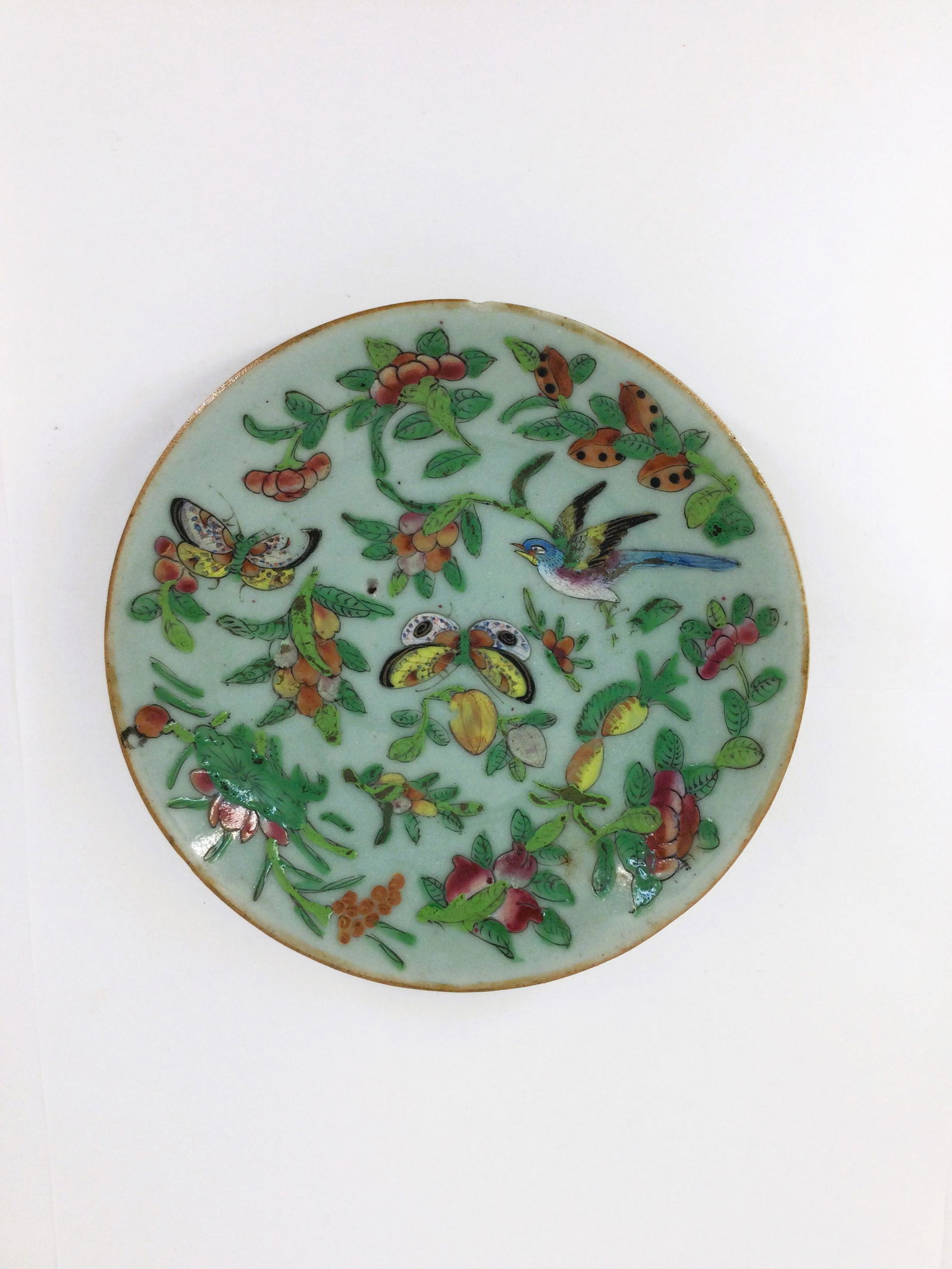 Chinese Canton Celadon Famille Rose Plate (1 of 6)
