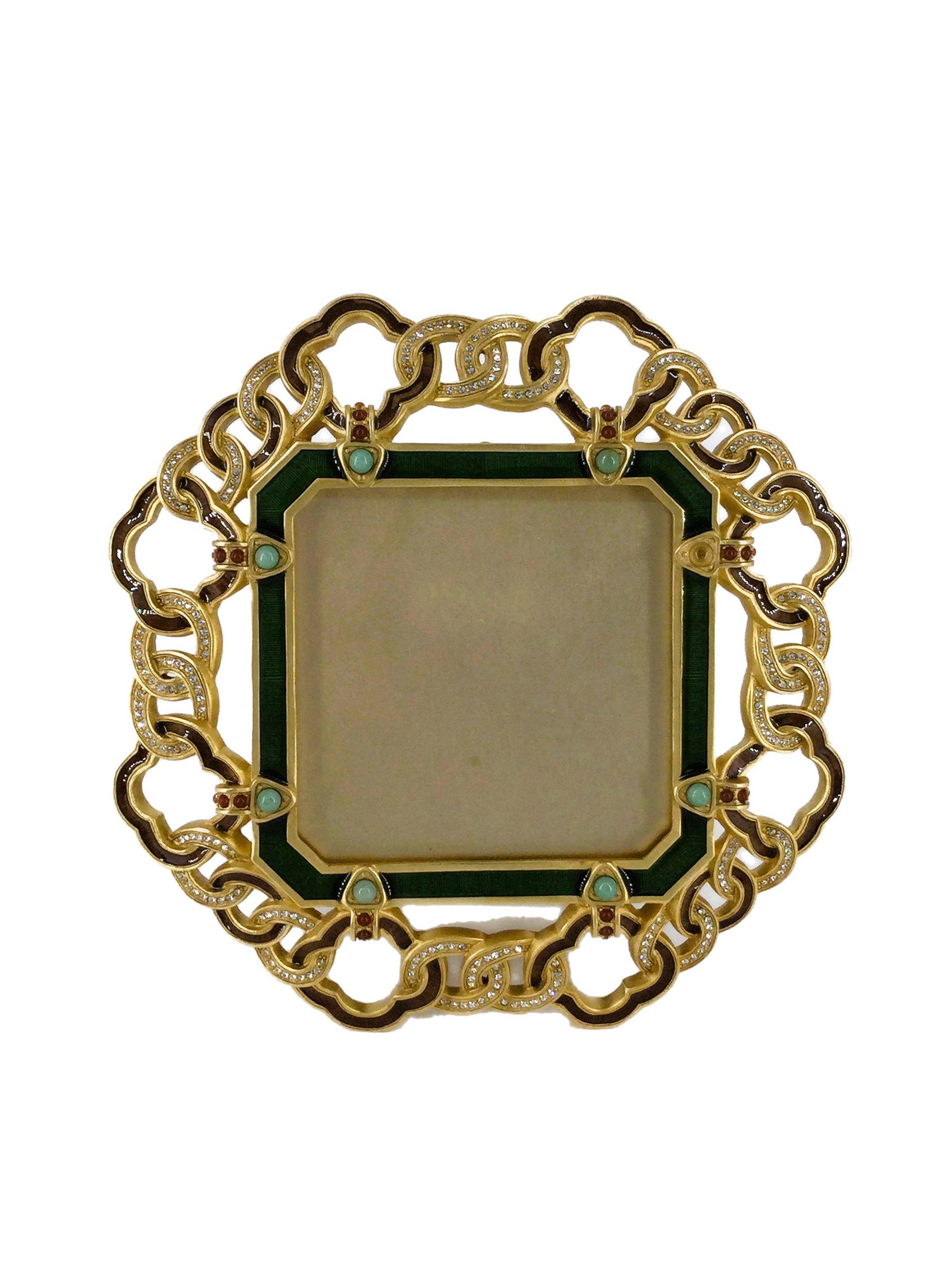 Jay Strongwater Enamel & Jeweled Frame: Jay Strongwater Enamel & Jeweled Frame. Approximately - 6.75 tall x 6.25 wide - Photo opening 3.25 x 3.25 inches. Approx. weight 1 lbs. 8 oz. IMPORTANT: NO In-House Shipping, Please read our shipping 