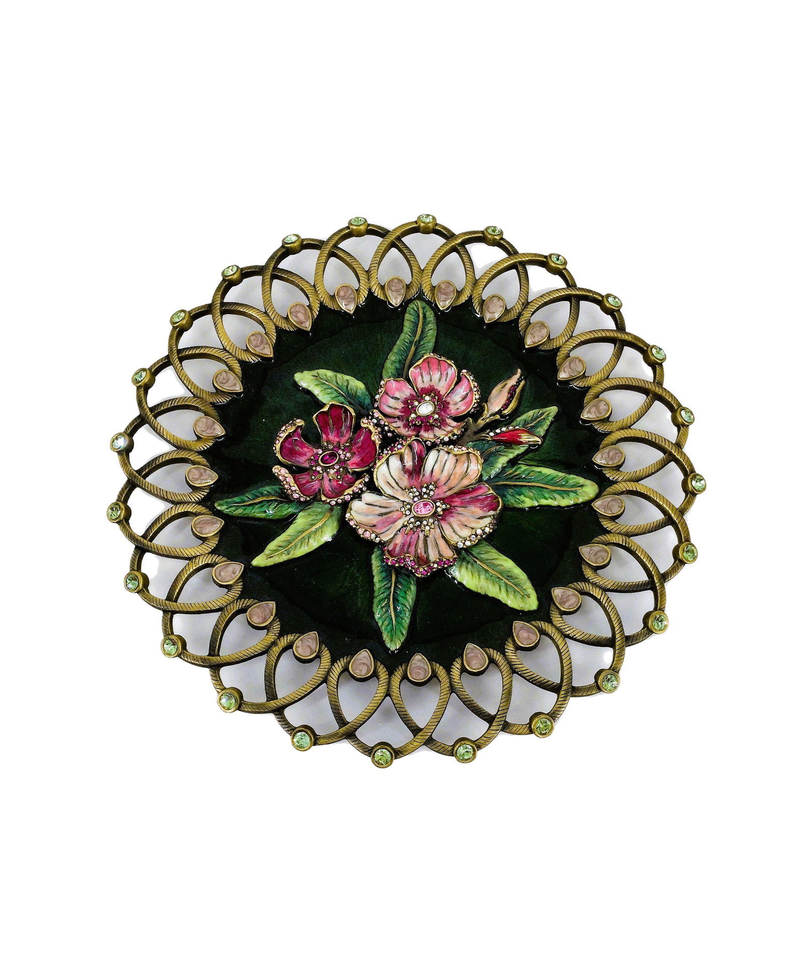 Jay Strongwater Enamel & Jeweled Wall Floral Plaque: Jay Strongwater Enamel & Jeweled Reticulated Round Floral Plaque - Original Tag still attached and reads: Summer Decorative Wall Plaque - price of $995.00. Approx. 8.5 inches Round. Approx. weight 1 l