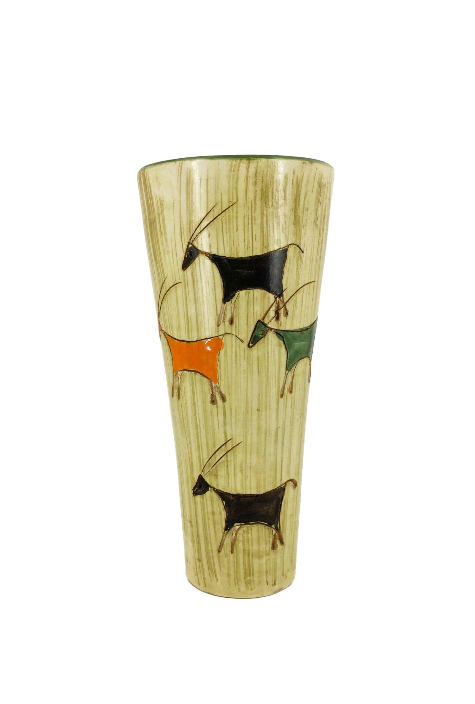 Mid-Century Bitossi Stambecchi Vase By Aldo Londi, Signed: Benefiting Saving Sage, Mid-Century Bitossi,Italian Stambecchi patterned vase By Aldo Londi, Signed on the bottom. Approx. size 10.25 inches tall x 4.75 wide. Approx. weight 2 lbs. 8.8 oz. IMPORTANT: