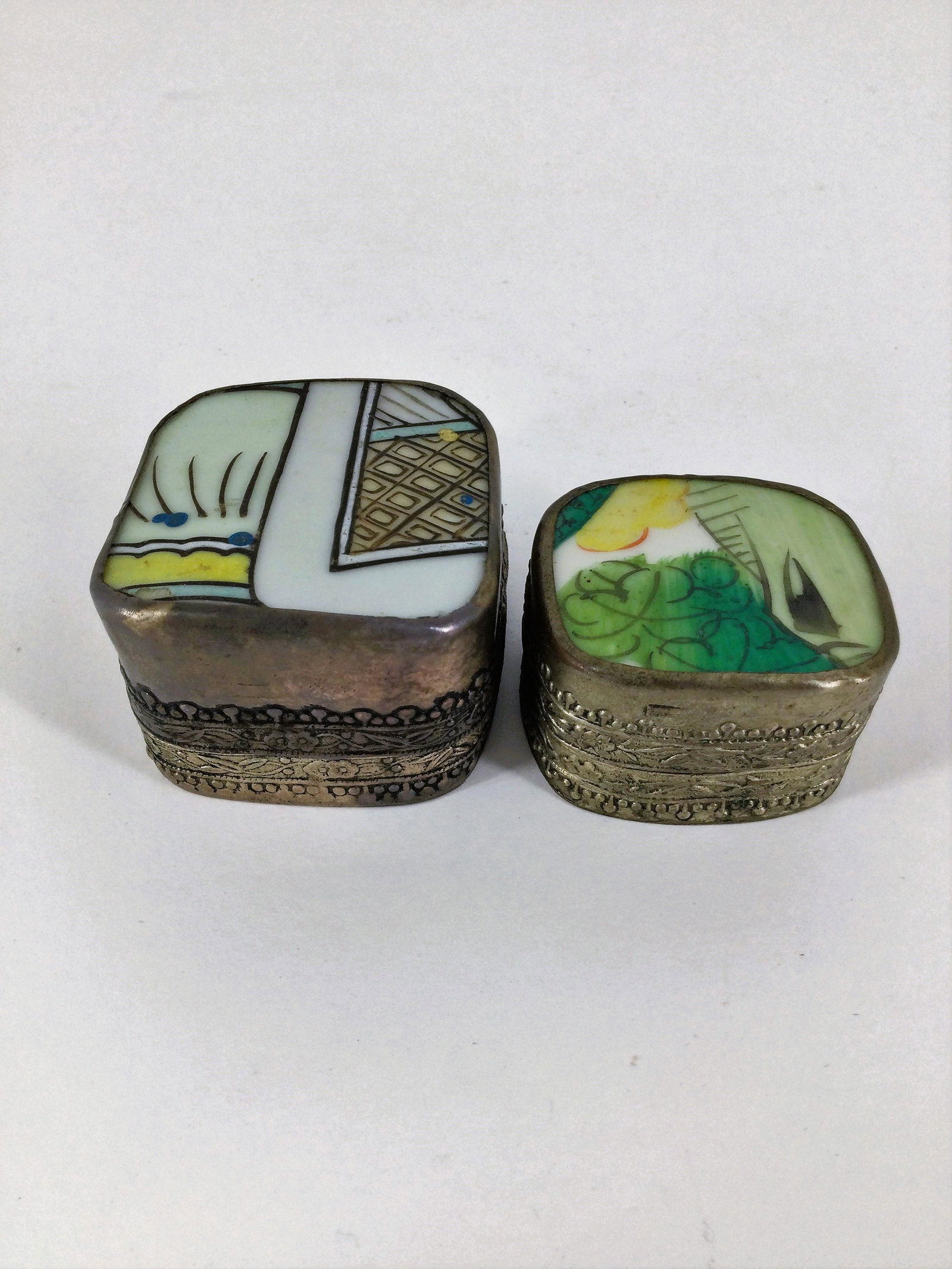 Pair of Antique Porcelain Trinket Boxes: Benefiting Saving Sage, Pair of Antique Porcelain Trinket Boxes made with salvaged fragments from vases that were destroyed from the Ming or Ching Dynasty of China. These boxes were hand made to fit t