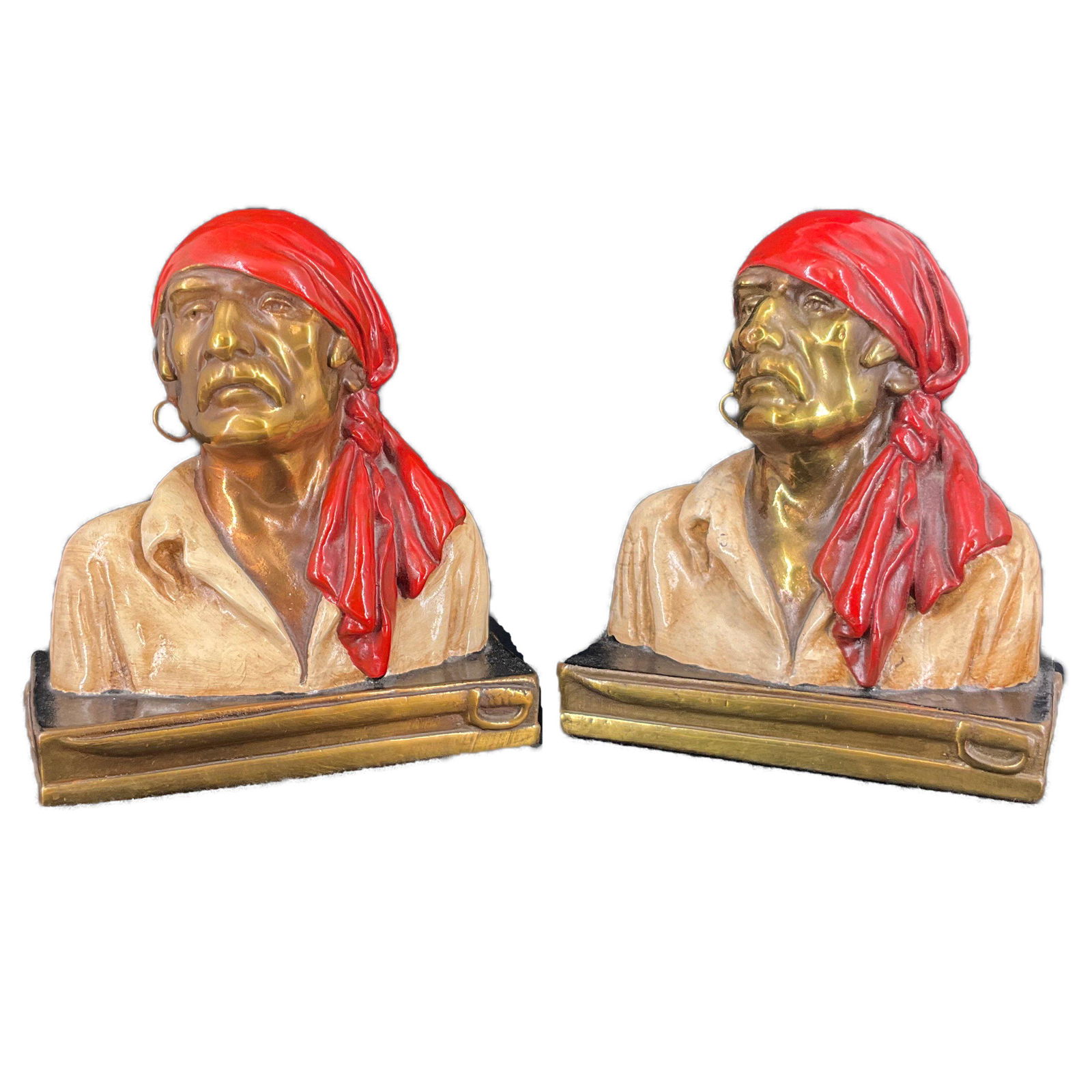 Vintage Bronze Marion Pirate Bookends: Vintage enamel on bronze Marion pirate bookends. Approx. size 7 inches tall x 6.25 wide x 3.5 deep each. Approx. weight 7 lbs. 2.8 oz. IMPORTANT: NO In-House Shipping, Please read our shipping terms f