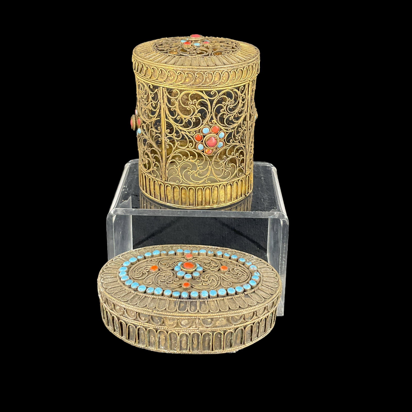 Pair of Antique Tibetan Filigree Brass Box: Pair of Antique Tibetan Filigree Brass Box with tuquoise and coral inlay. Approx size (shorter box) 1 inch tall x 3.5 wide x 2.5 deep, (taller) 3.75 tall x 3 wide. Approx weight 6.8 oz together. IMPOR