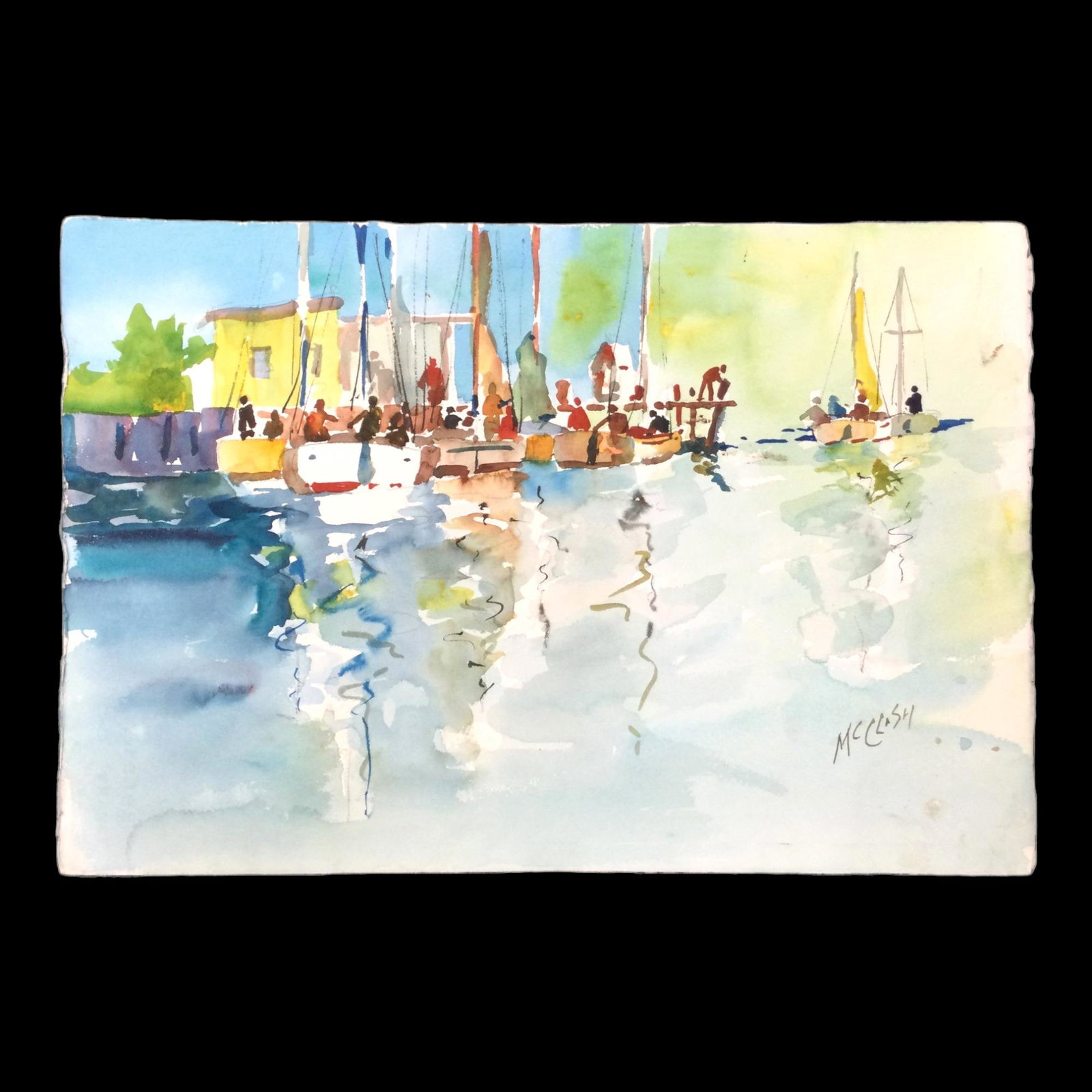 Watercolor on Paper signed McClash: Watercolor on Paper signed McClash depicting a dock full of sail boats. Approx. size 15 inches tall x 22.25 wide. IMPORTANT: NO In-House Shipping, Please read our shipping terms for provider.