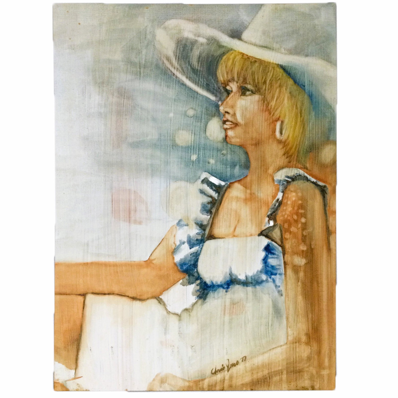 Oil on Canvas Panel Signed Chris Jones 77: Oil on Canvas Panel depicting a woman in a blue and white outfit sitting, Signed Chris Jones 77. Approx. size 24 inches tall x 18 wide (art) 22.25 tall x 16.25 wide. IMPORTANT: NO In-House Shipping, P