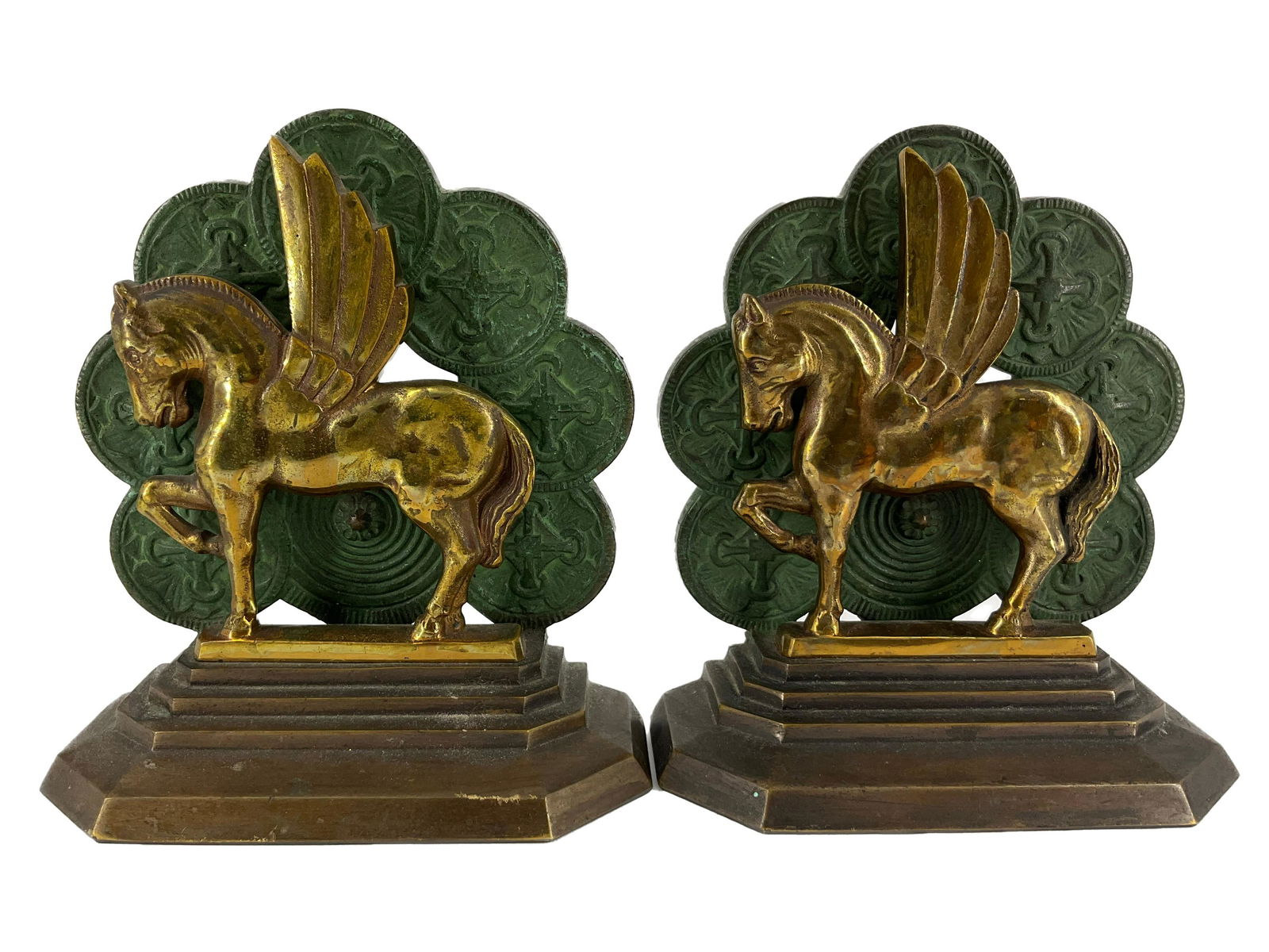 Pair of Bronze Pegasus Bookends: Pair of Bronze Pegasus Bookends. Approx. size 7 inches tall x 6 wide x 3 deep. Approx. weight 8 lbs. 13 oz. IMPORTANT: NO In-House Shipping, Please read our shipping terms for provider