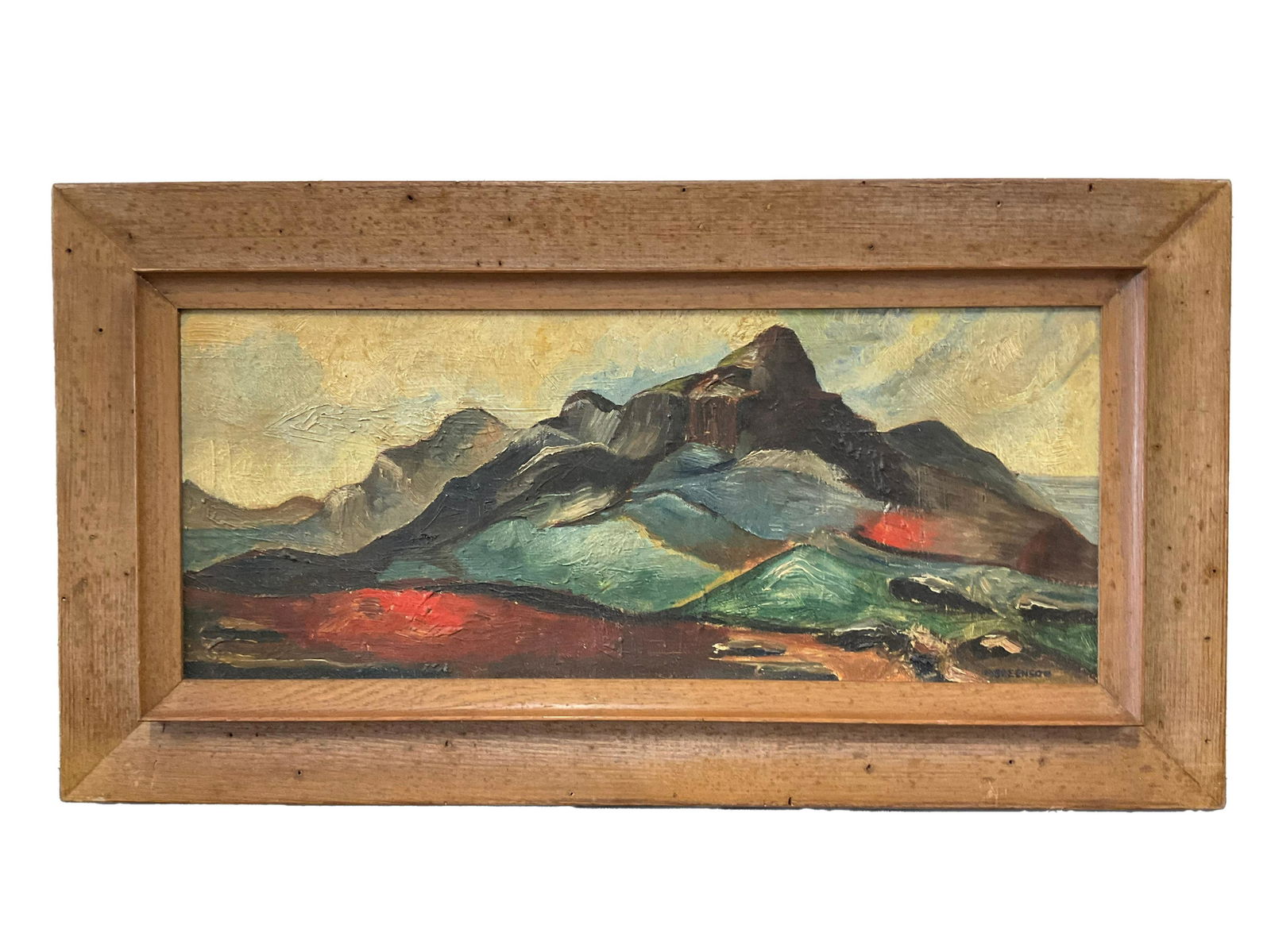 Oil on Board Signed Greenson: Oil on Board Signed Greenson depicting mountains. On the back of the art there is a message on how to mount this piece of art. Approx. size (frame) 16 inches tall x 30 wide (art) 10 tall x 24 wide. IM