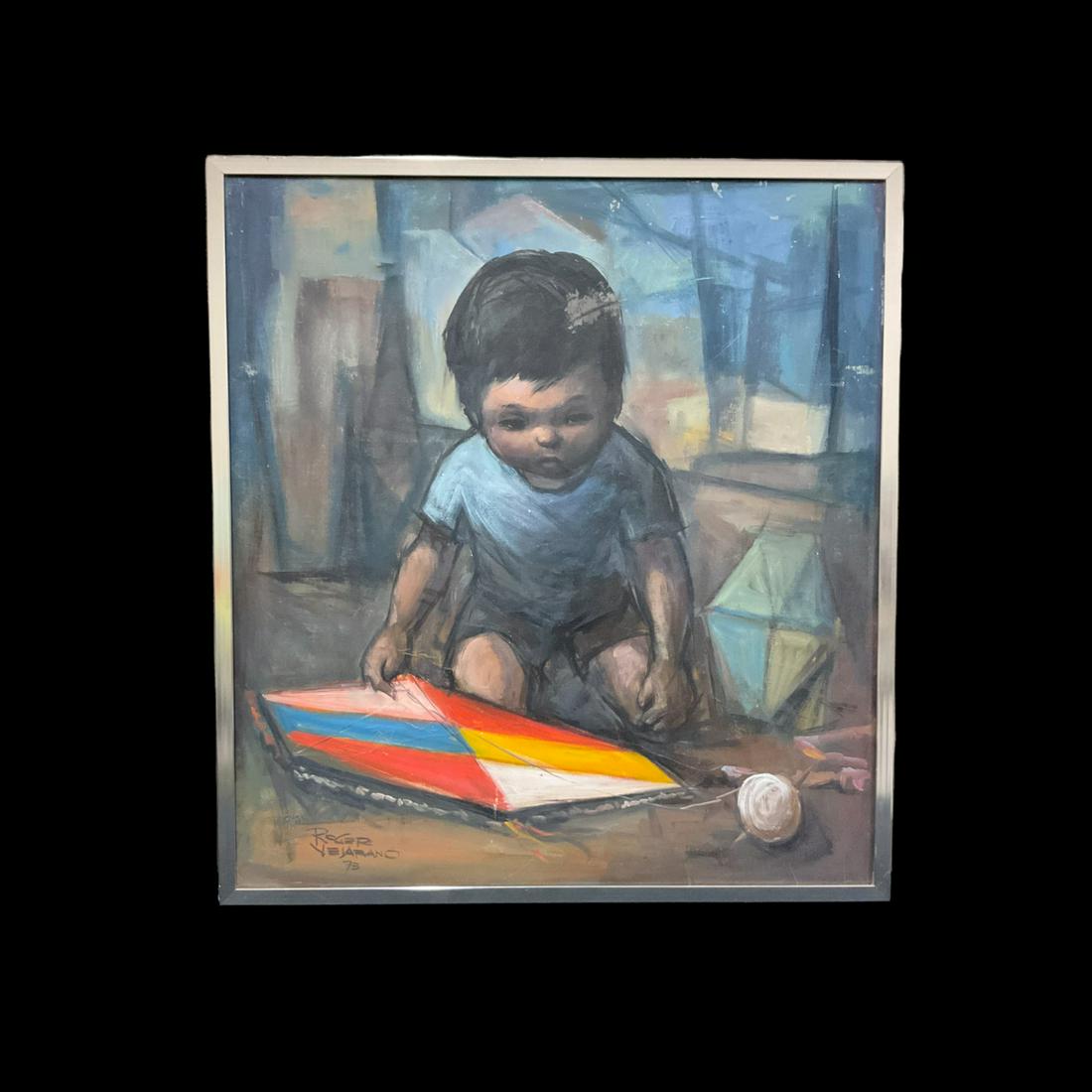 Oil on Canvas Signed Roger Vejarano: Oil on Canvas Signed Roger Vejarano depicting a boy with a kite. Approx size (frame) 25 inches tall x 23 wide (art) 23.75 tall x 21.75 wide. IMPORTANT: NO In-House Shipping, Please read our shipping t