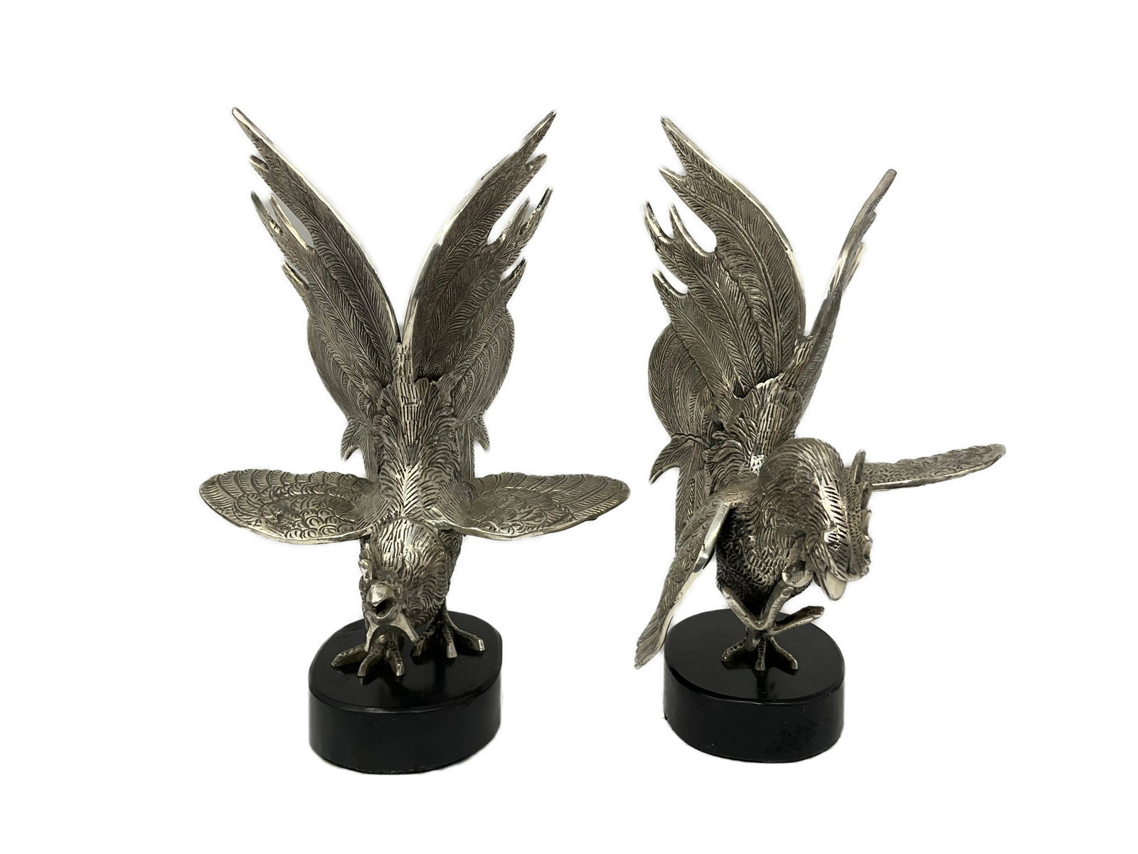 Set of 2 Silverplate Fighting Cockerel Figurines on Black Bases (1 of 5)