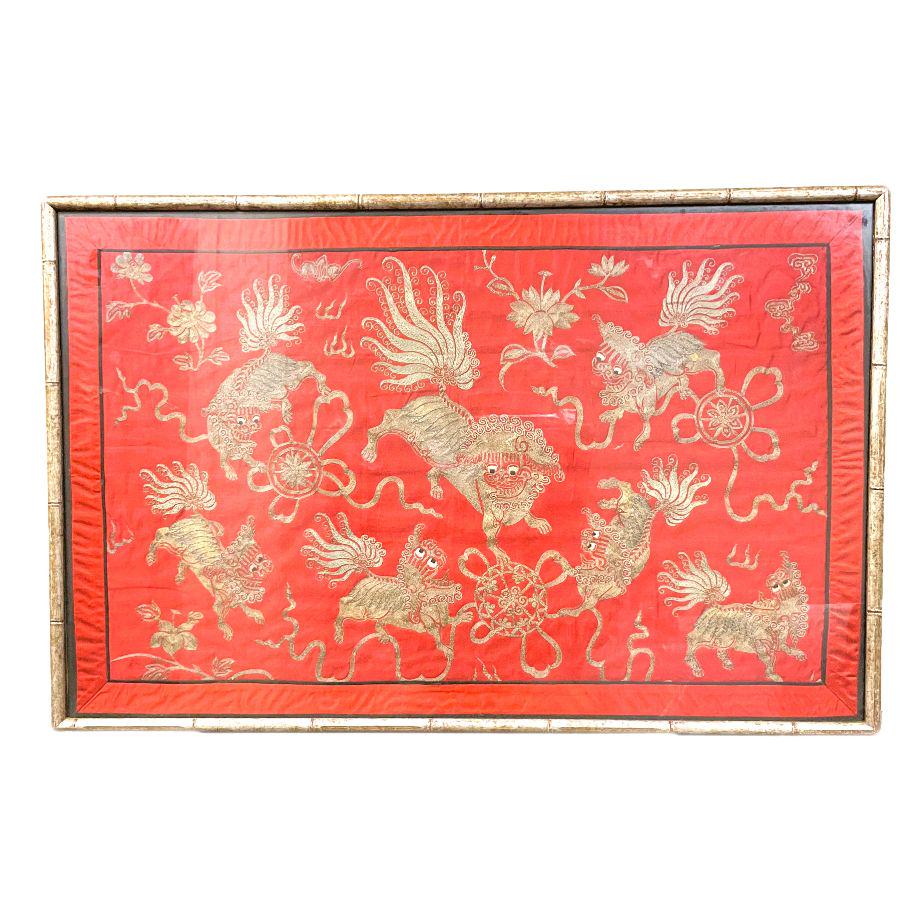 Chinese Silk Embroidery Depicting Foo Dogs: Chinese Silk Embroidery of a Foo Dog Family. Approx. Size for frame 25.5 tall x 39.5 wide, visible area 24 tall x 38 wide, weight 10 lbs.IMPORTANT: NO In-House Shipping, Please read our shipping terms