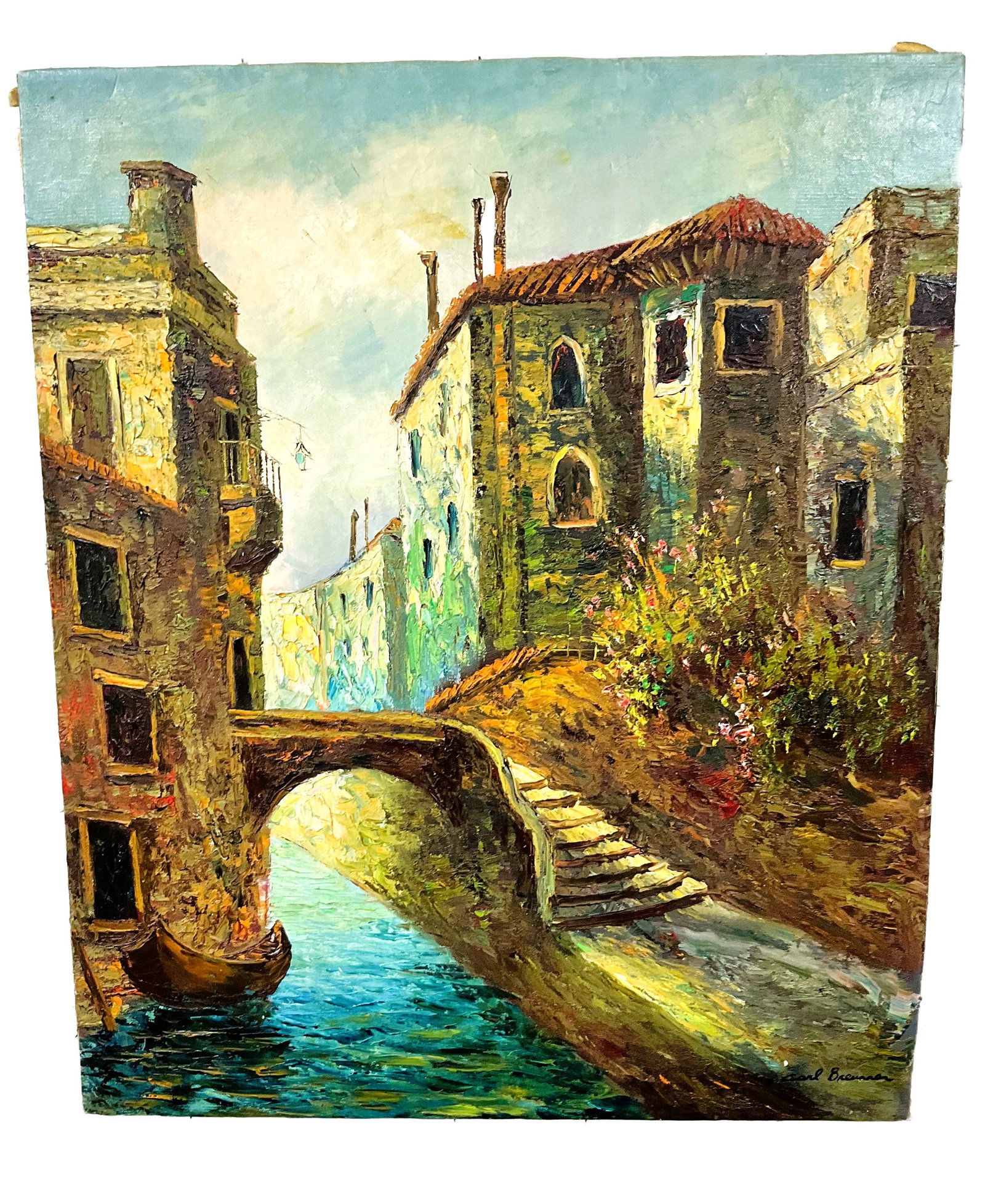 Carl Brenner Signed Oil on Canvas: Oil on canvas depicting Venice canal, signed Carl Brenner. Approx. size 24.5 inches tall x 20 wide. IMPORTANT: NO In-House Shipping, Please read our shipping terms for provider.