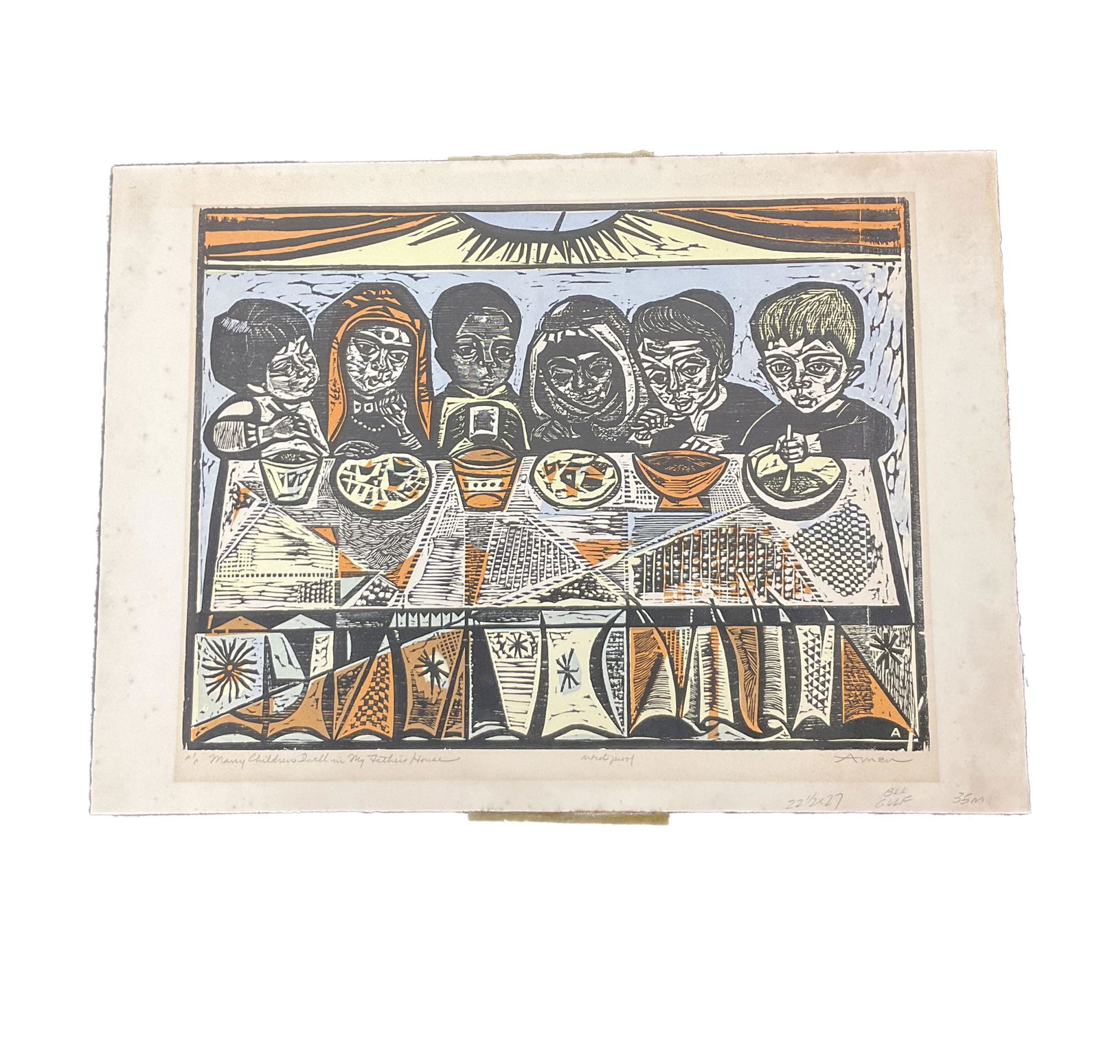 Irving Amen (American, 1918-2011) Signed A.P. Woodcut  - Many Children Dwell in My Father's House (1 of 5)
