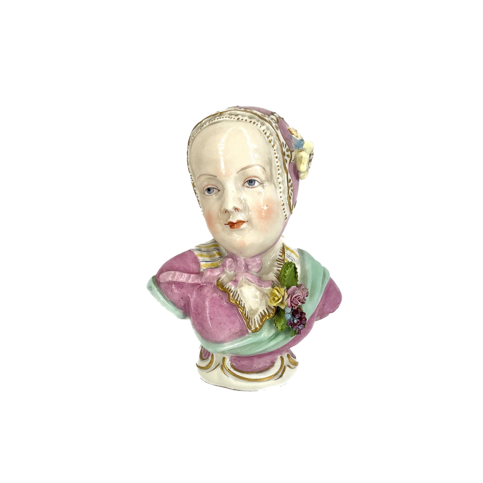 Antique Meissen Porcelain Bust of Bourbon Child: Antique Meissen Porcelain Bust of Bourbon Child wearing pink outfit and flower brooch. Approx. size 5 inches tall x 4 wide x 2.5 deep. Approx. weight 10 oz. IMPORTANT: NO In-House Shipping, Please rea