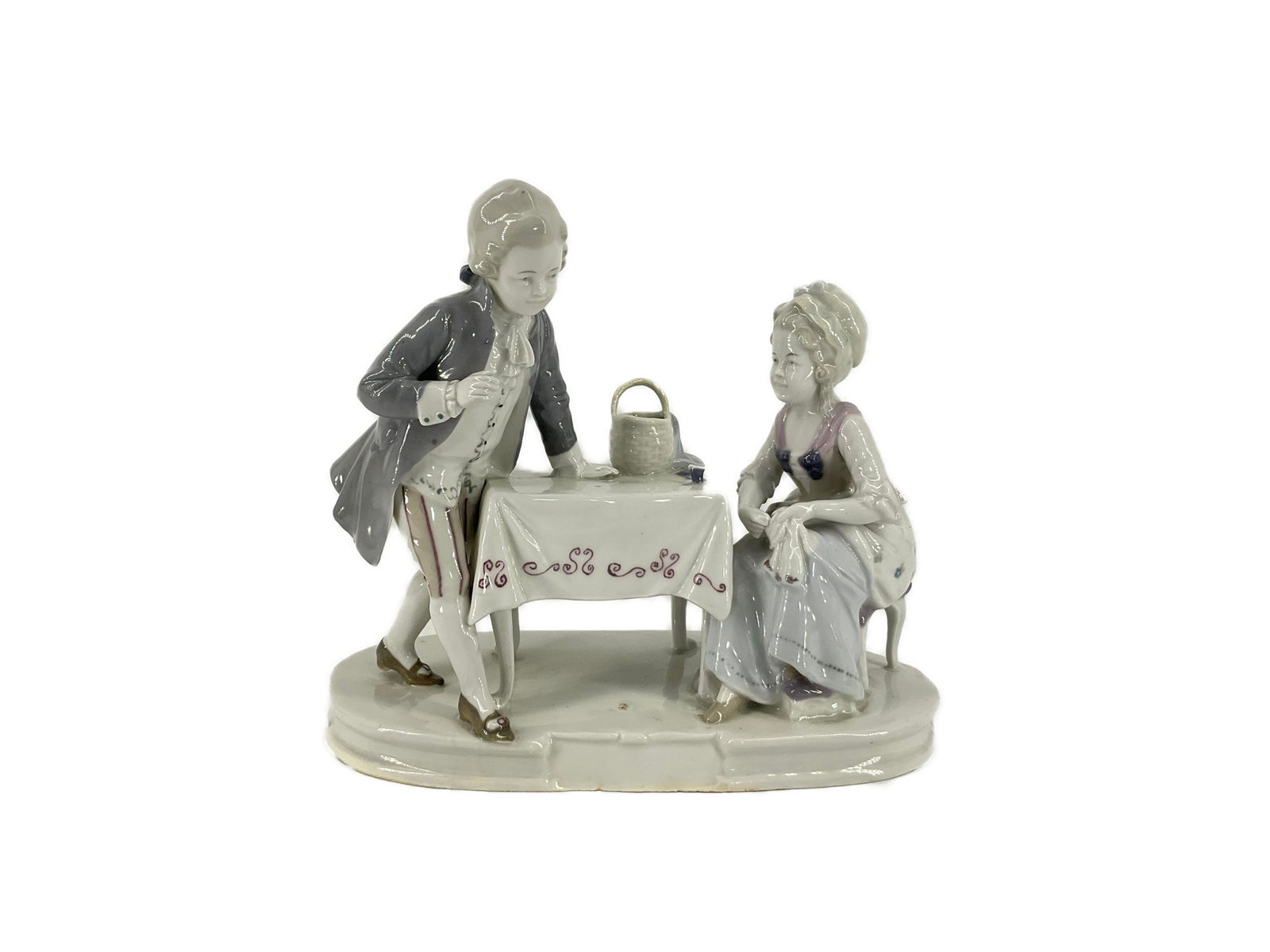 Ca. 1935-1949 Goebel Porcelain Figurine: Ca. 1935-1949 Goebel Porcelain Figurine of a boy and girl talking at a table . Approx. size 6 inches tall x 7 wide x 3.5 deep. Approx. weight 1 lbs. 2.8 oz. IMPORTANT: NO In-House Shipping, Please rea