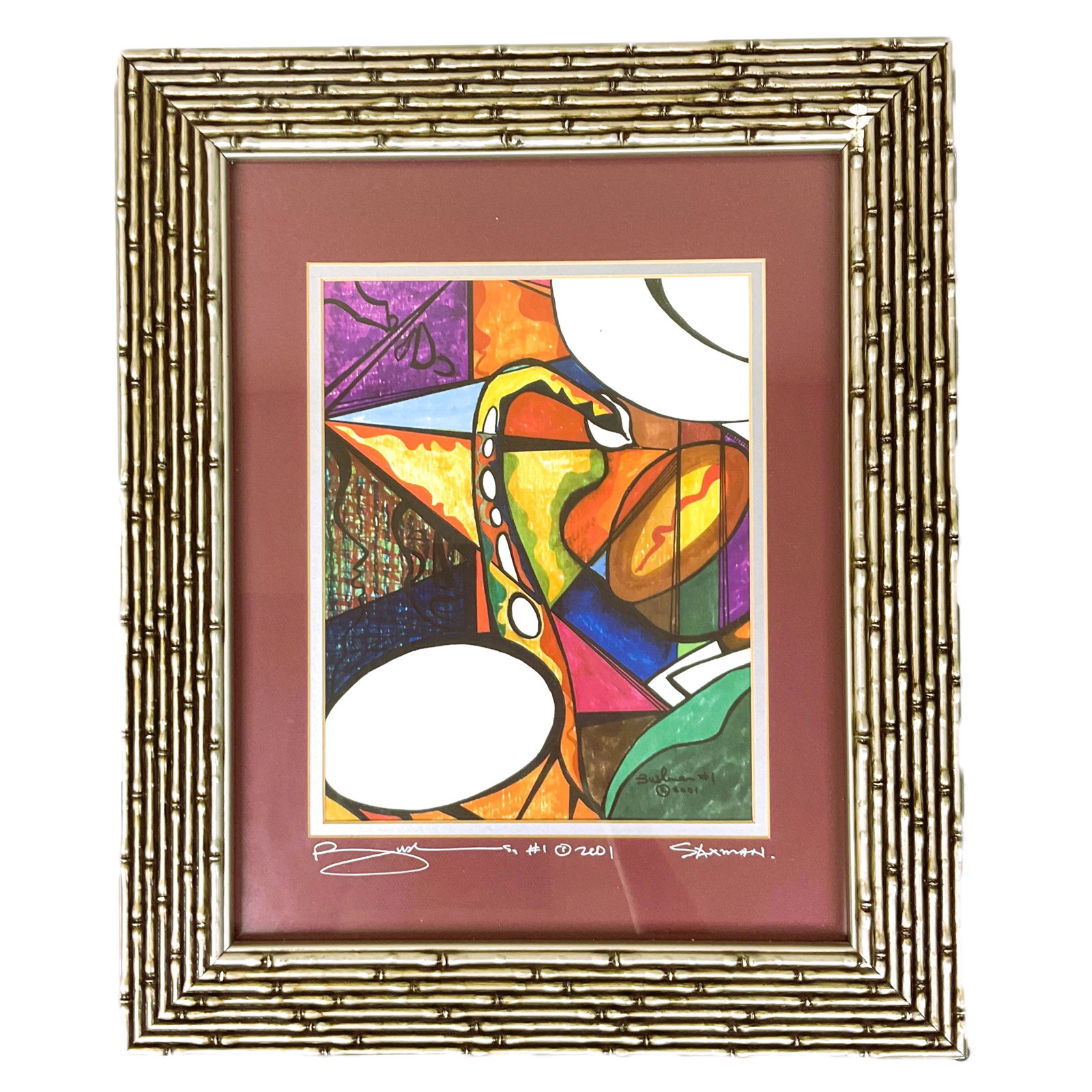 Timothy Adebule AKA Bushman #1 2001 Art Titled - Saxman: Timothy Adebule AKA Bushman #1 signed 2001 Art Titled - Saxman. Approx. size (frame) 18 inches tall 15 wide (art) 10 tall x 8 wide. IMPORTANT: NO In-House Shipping, Please read our shipping terms for 