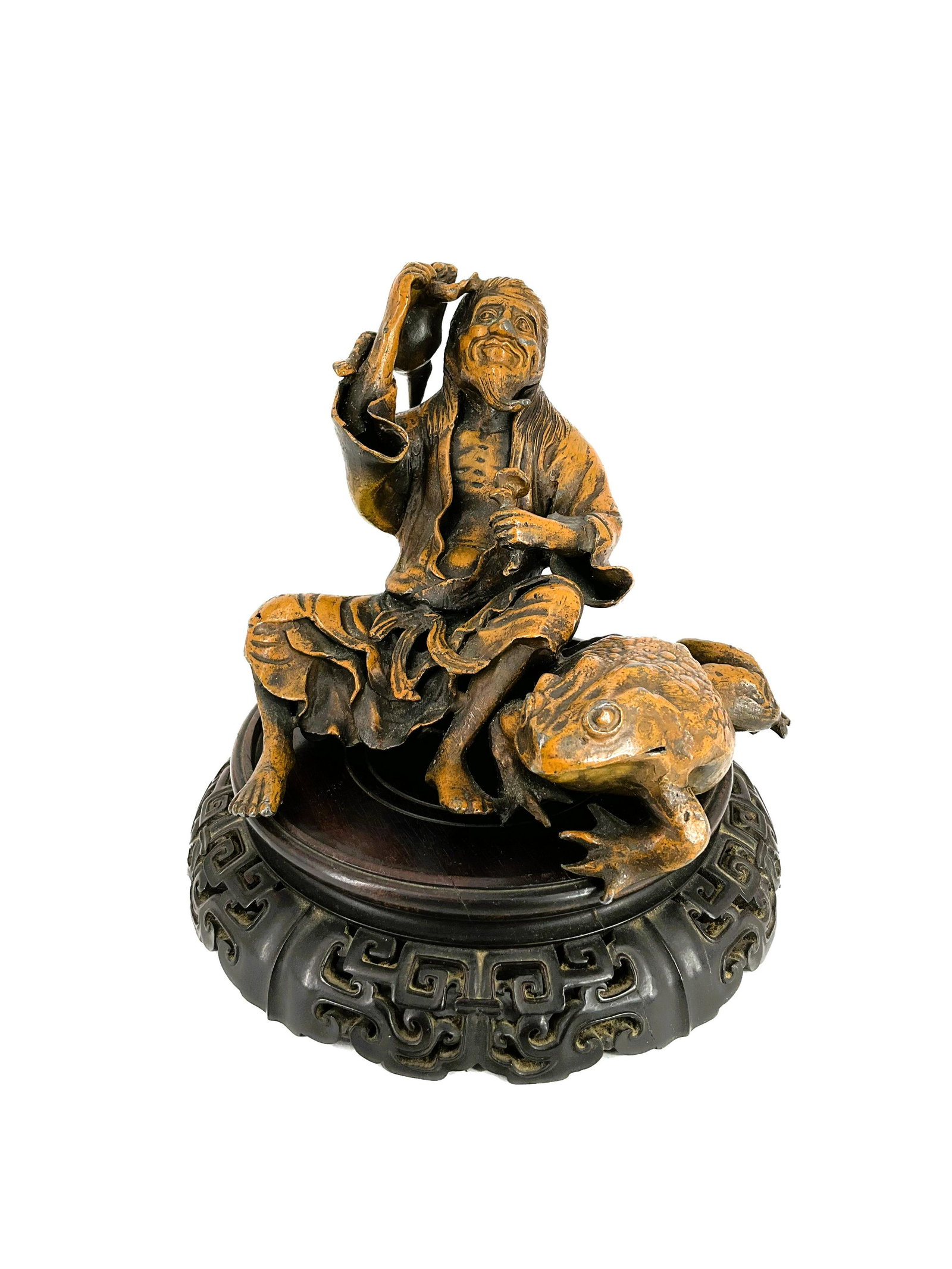 Asian Metal Figural Sculpture: Metal Sculpture Of Asian Man Sitting With Frogs, unsigned. Approx. size 6 inches tall 7.5 wide x 7 deep. Approx. weight 4 lbs. 13 oz. IMPORTANT: NO In-House Shipping, Please read our shipping terms fo