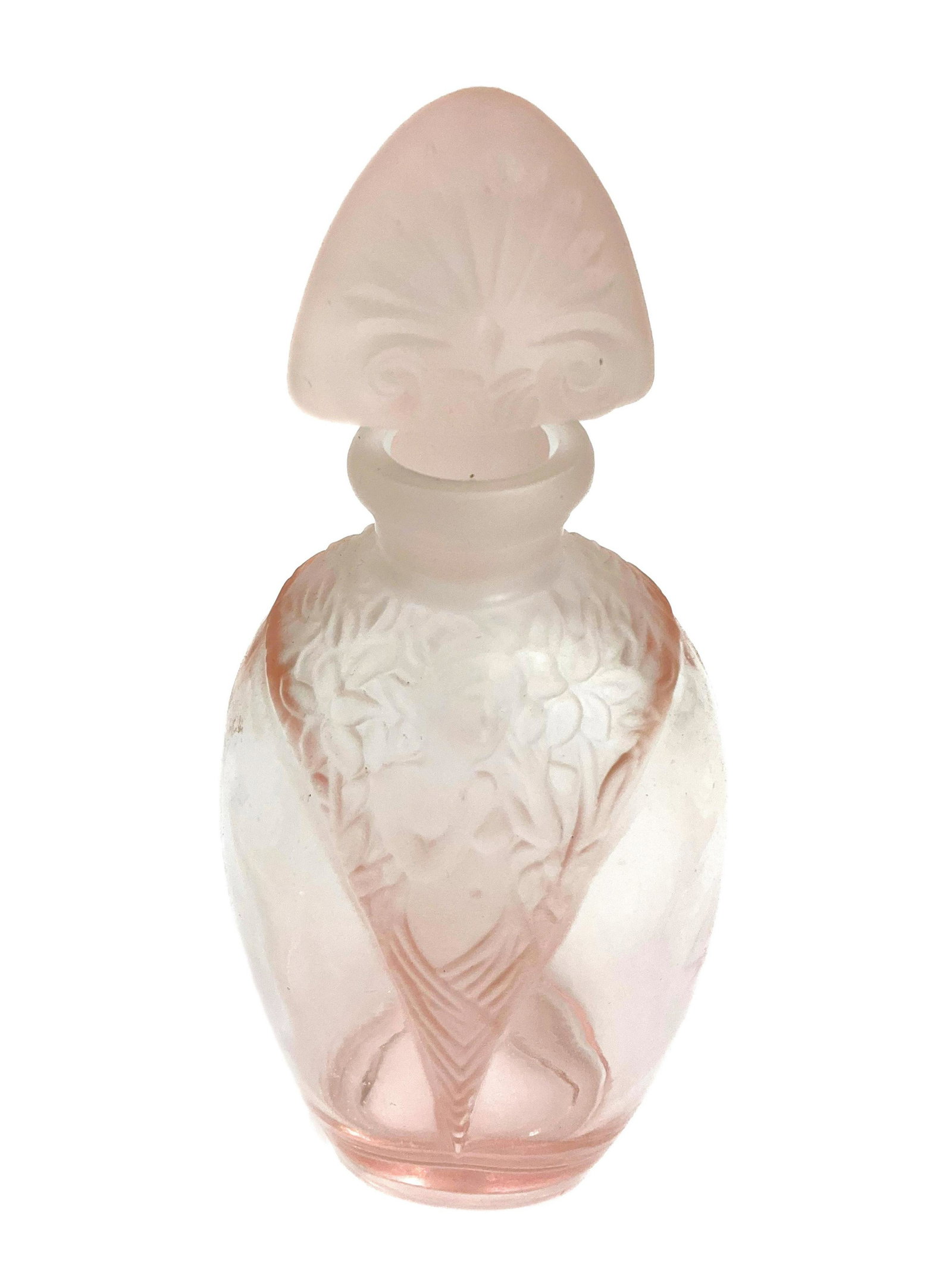 Vintage Perfume Bottle, Silvestri Eve in the Garden: Vintage rose pink, Silvestri Eve in the Garden frosted glass perfume bottle and stopper. Approx. Size 5.5 inches tall x 2.5 wide x 1.75 deep. Approx. weight 5.2 oz. IMPORTANT: NO In-House Shipping, Pl