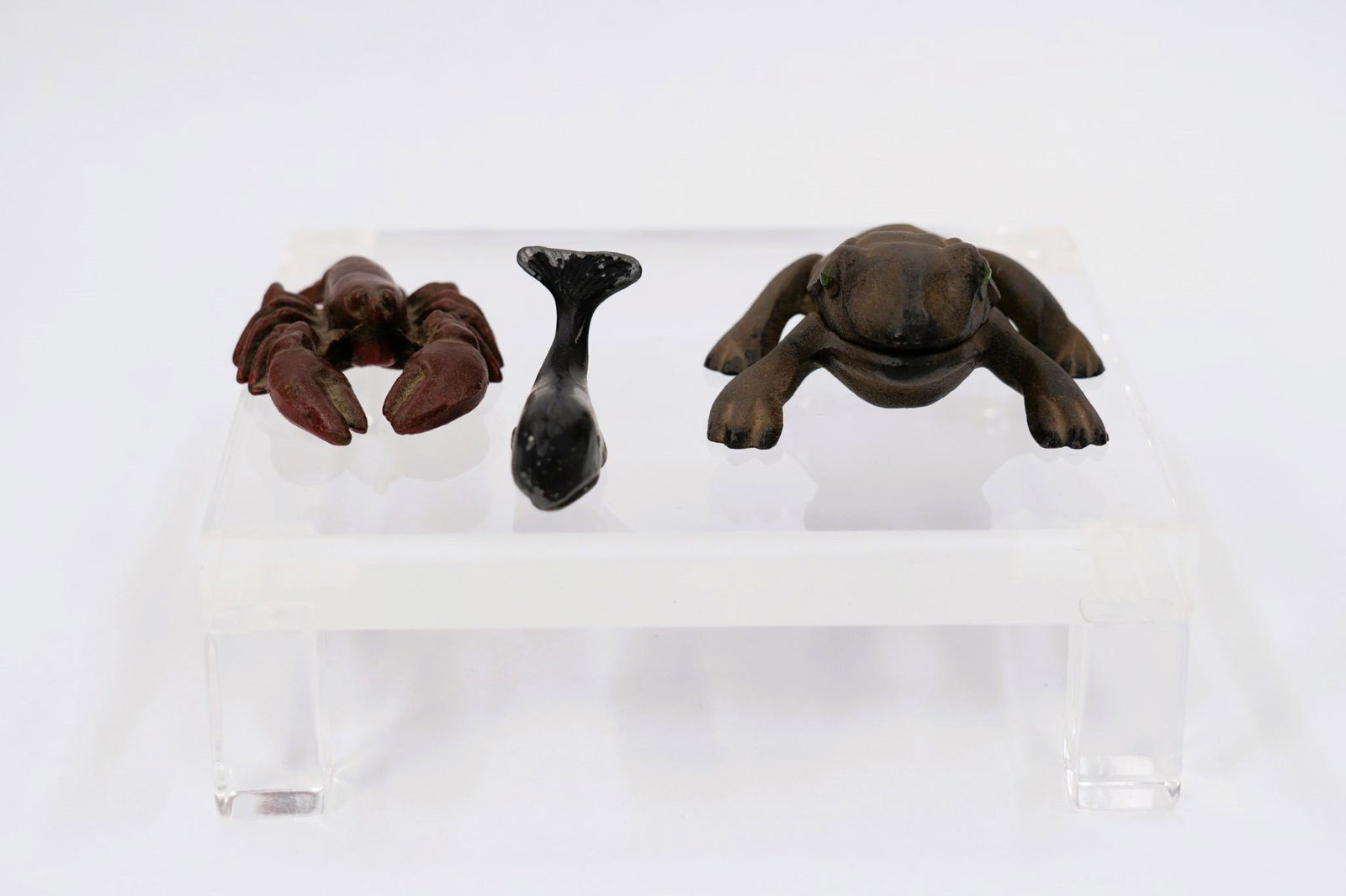 Vintage Lot of 3 Cast Iron Figural Animals: Lot of 3 Cast Iron Toys; lobster, whale, and frog trinket box signed Wilton. Approx. size 1.5 inches tall x 4 wide x 3 deep. Approx. weight 1 lbs. 4.4 oz. IMPORTANT: NO In-House Shipping, Please read
