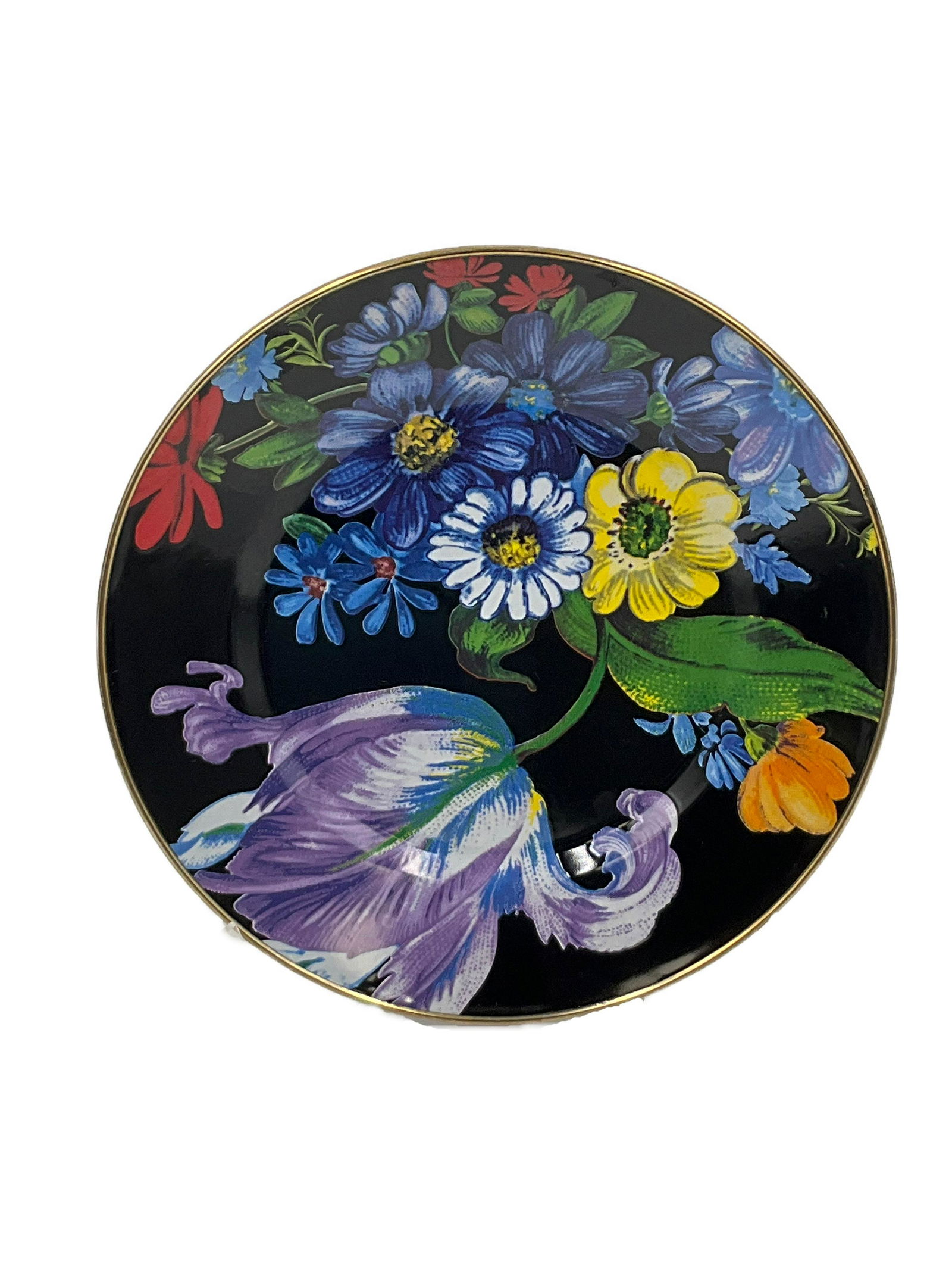 Mackenzie Childs Flower Market Dinner Plate -Black: Mackenzie Childs Flower Market Dinner Plate -Black. Approx size 10 inches wide. Approx weight 1 lbs. IMPORTANT: NO In-House Shipping, Please read our shipping terms for provider.