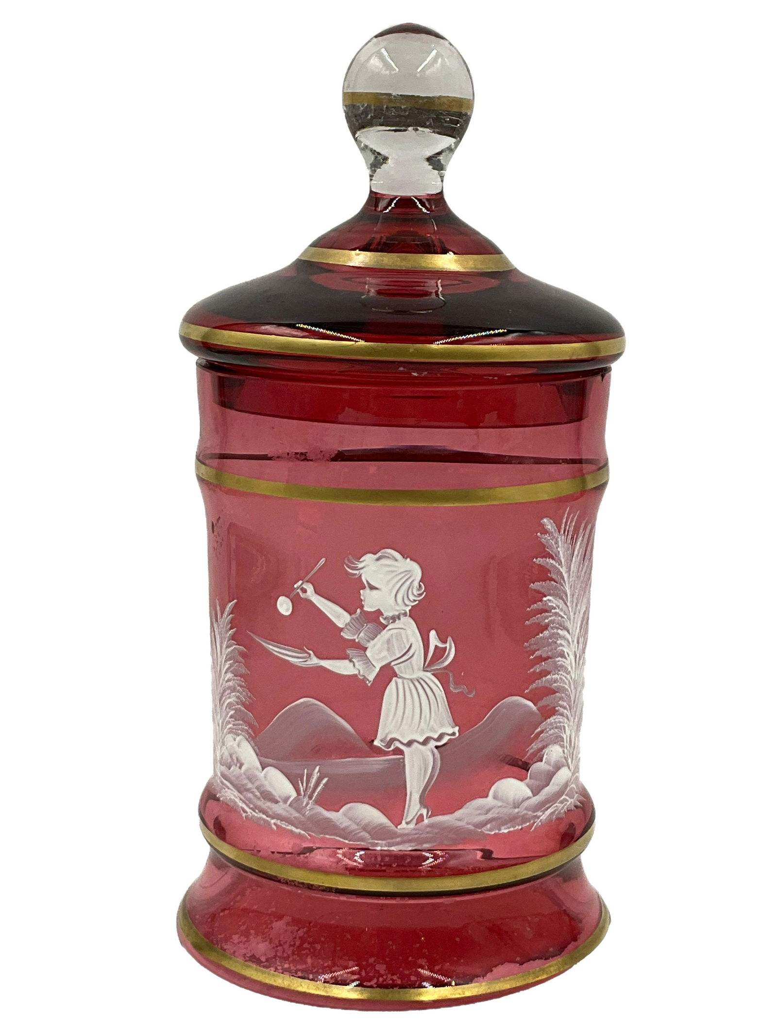 Vintage Mary Gregory Cranberry Glass Lidded Jar (1 of 6)