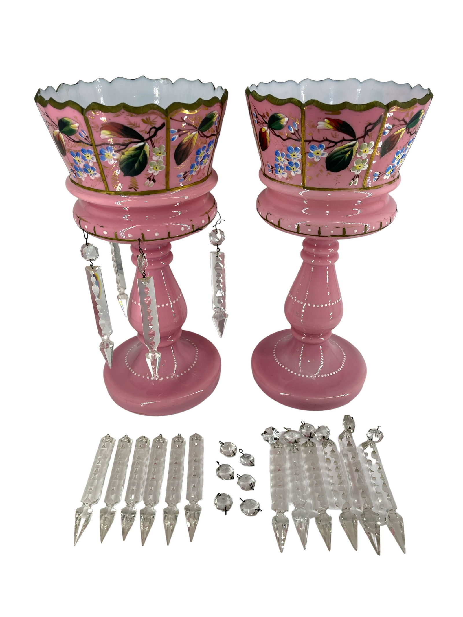 Pair of Hand painted Victorian Pink Glass Mantle Lusters: Pair of Hand painted Victorian Pink Glass Mantle Lusters with hanging crystals. Approx. size 14 inches tall x 7 wide. Approx. size 3 lbs. 4.9 oz each. IMPORTANT: NO In-House Shipping, Please read our