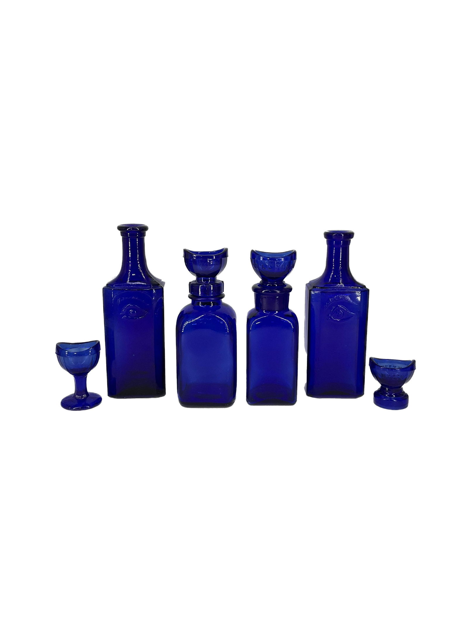 6 Vintage WYETH and Elder-Flower Lotion Co. Cobalt Blue Glass Eye Wash Bottles and Cups (1 of 5)