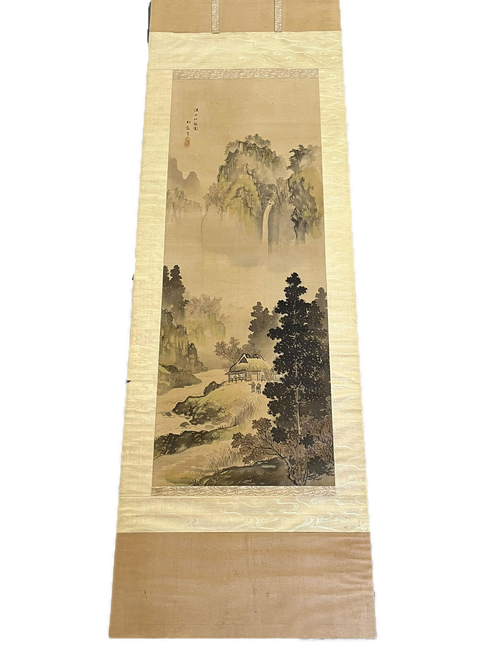 Antique Japanese Hand painted Landscape Hanging Silk Scroll Stamped (1 of 7)