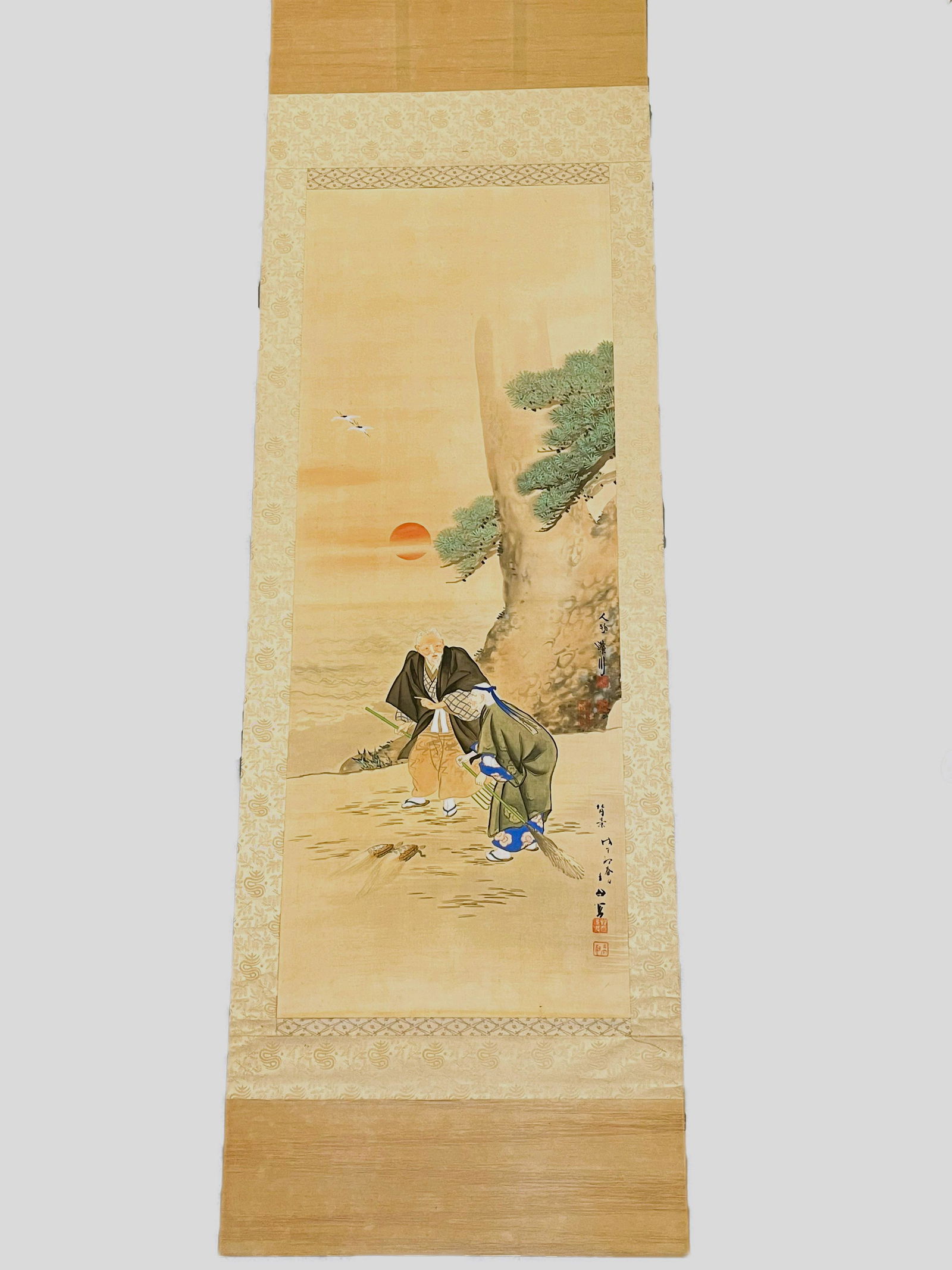 Antique Japanese Hand Painted Hanging Silk Scroll Stamped (1 of 6)