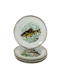 Paris Porcelain Set of 4 Porcelain Fish Plates: French, Set of 4 Porcelain Plates with Fish Pattern. Approx. size 7.5 inches wide. Approx. weight total 2 lbs. 4.3 oz. IMPORTANT: NO In-House Shipping, Please read our shipping terms for provider.