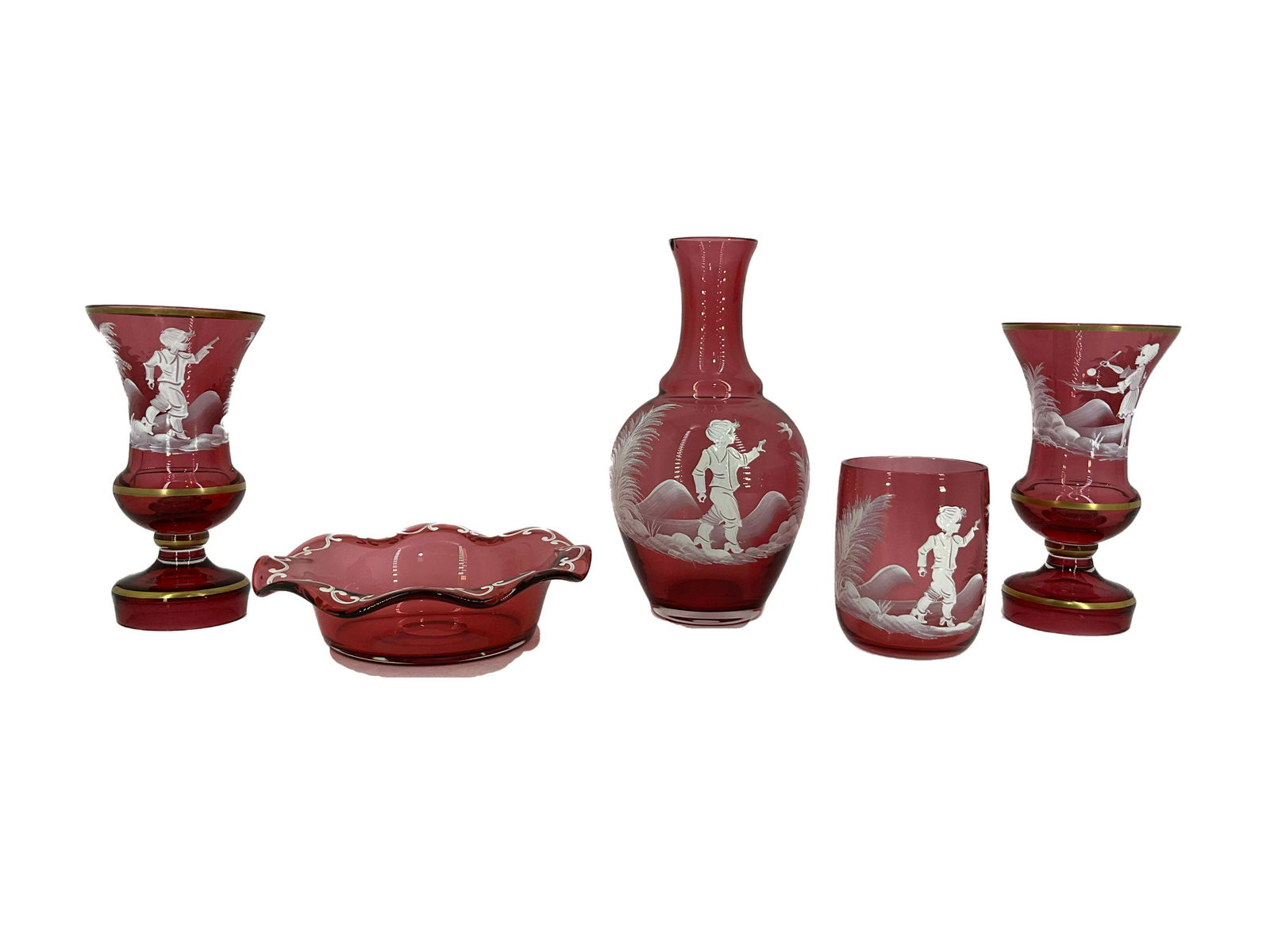 Lot of 5 Vintage Mary Gregory Cranberry Glass Pieces (1 of 5)
