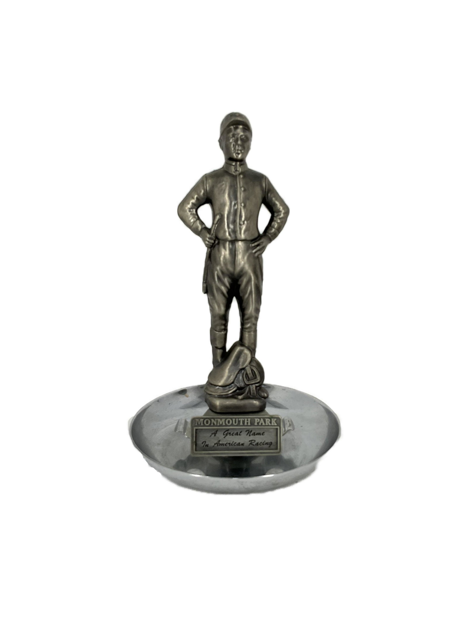 New Jersey Monmouth Park Racetrack Figural Ashtray: New Jersey's Monmouth Park Racetrack mixed metal Ashtray by K. Shykal. Approx. size 11.5 inches tall x 7 wide and deep. Approx. weight 2 lbs. 8.5 wide. IMPORTANT: NO In-House Shipping, Please read our