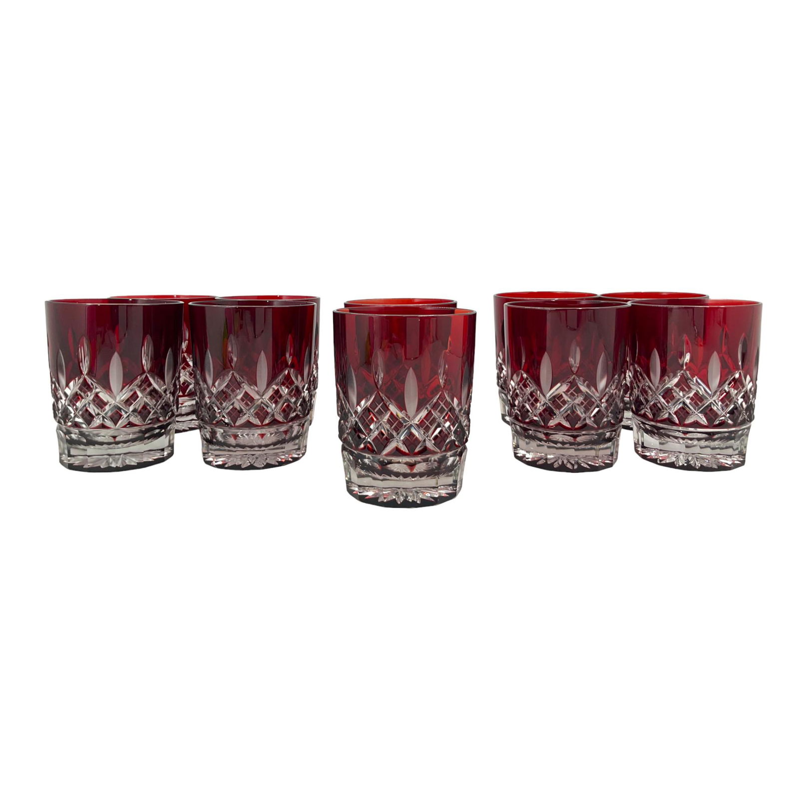 Lot of 10 Cranberry Color Cut to Clear Whiskey Glasses (1 of 3)